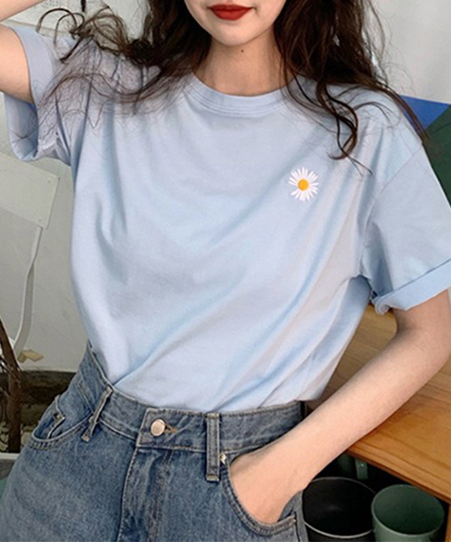 フラワー 刺繍 クルーネック 半袖 Tシャツ
