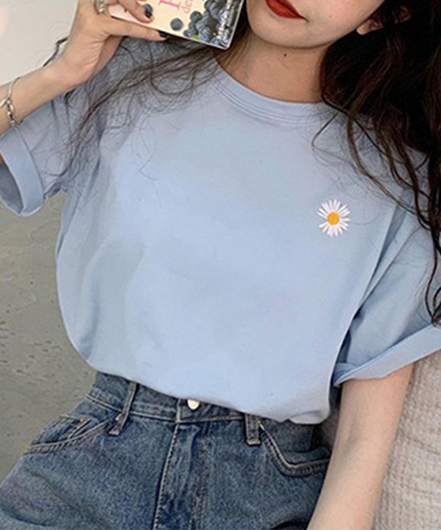 フラワー 刺繍 クルーネック 半袖 Tシャツ
