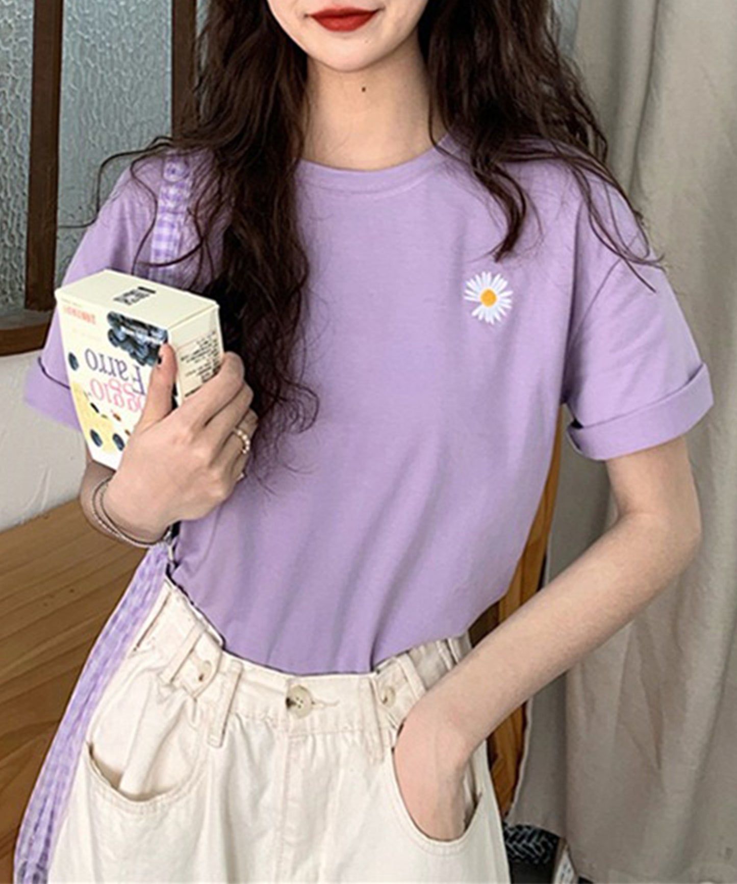 フラワー 刺繍 クルーネック 半袖 Tシャツ