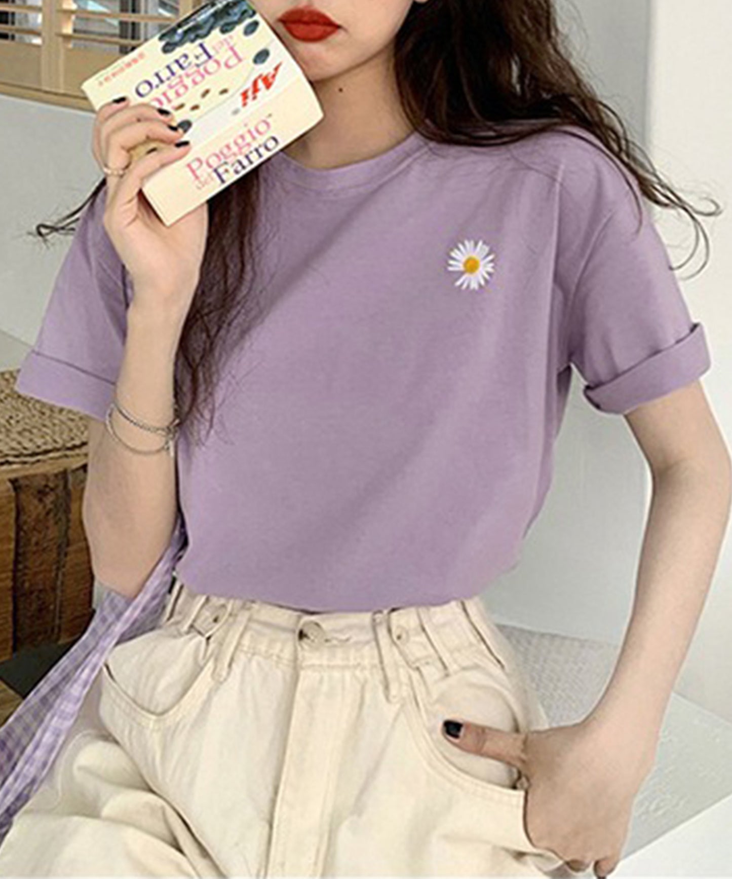 フラワー 刺繍 クルーネック 半袖 Tシャツ