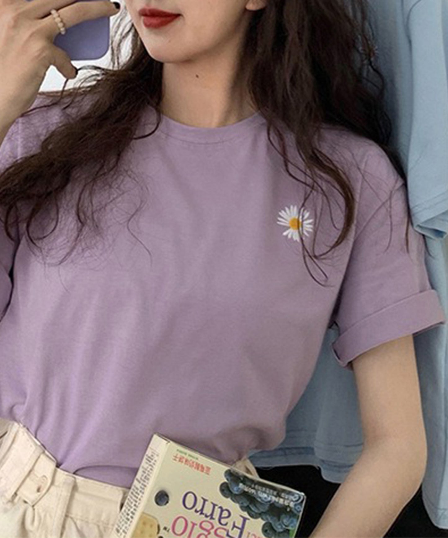 フラワー 刺繍 クルーネック 半袖 Tシャツ