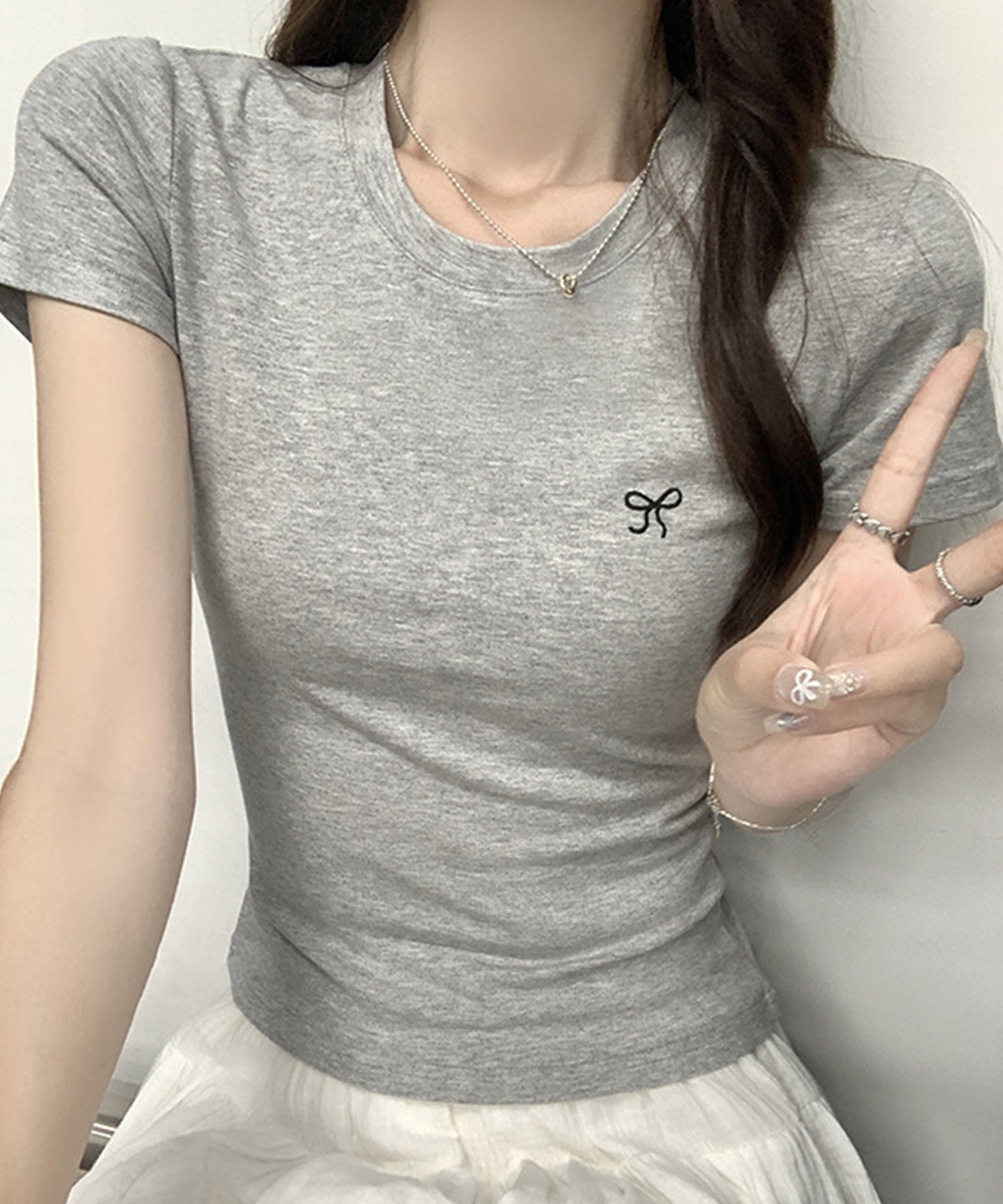 ワンポイント リボン刺繍 クルーネック 半袖 Tシャツ