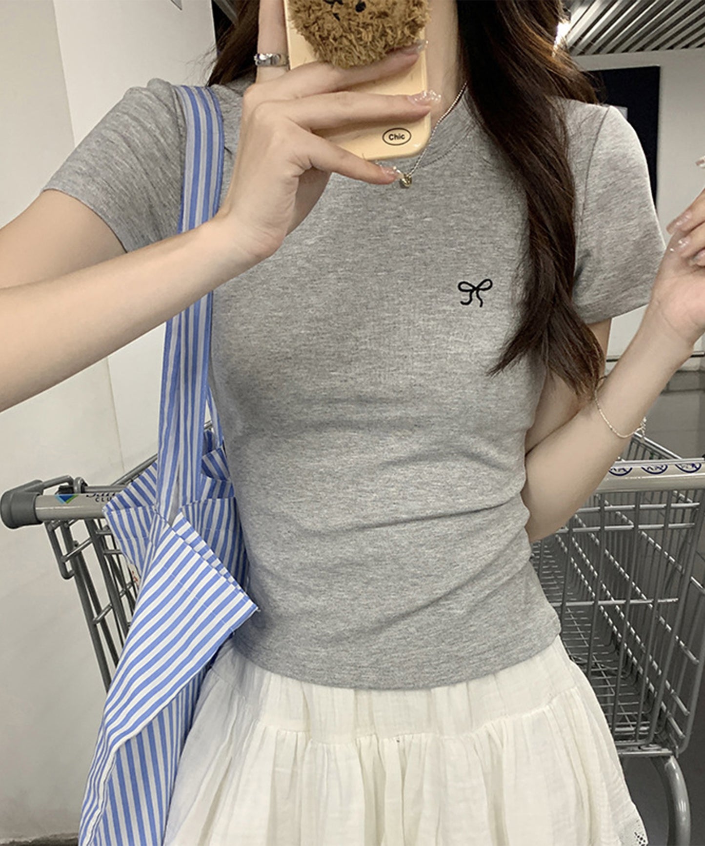 ワンポイント リボン刺繍 クルーネック 半袖 Tシャツ