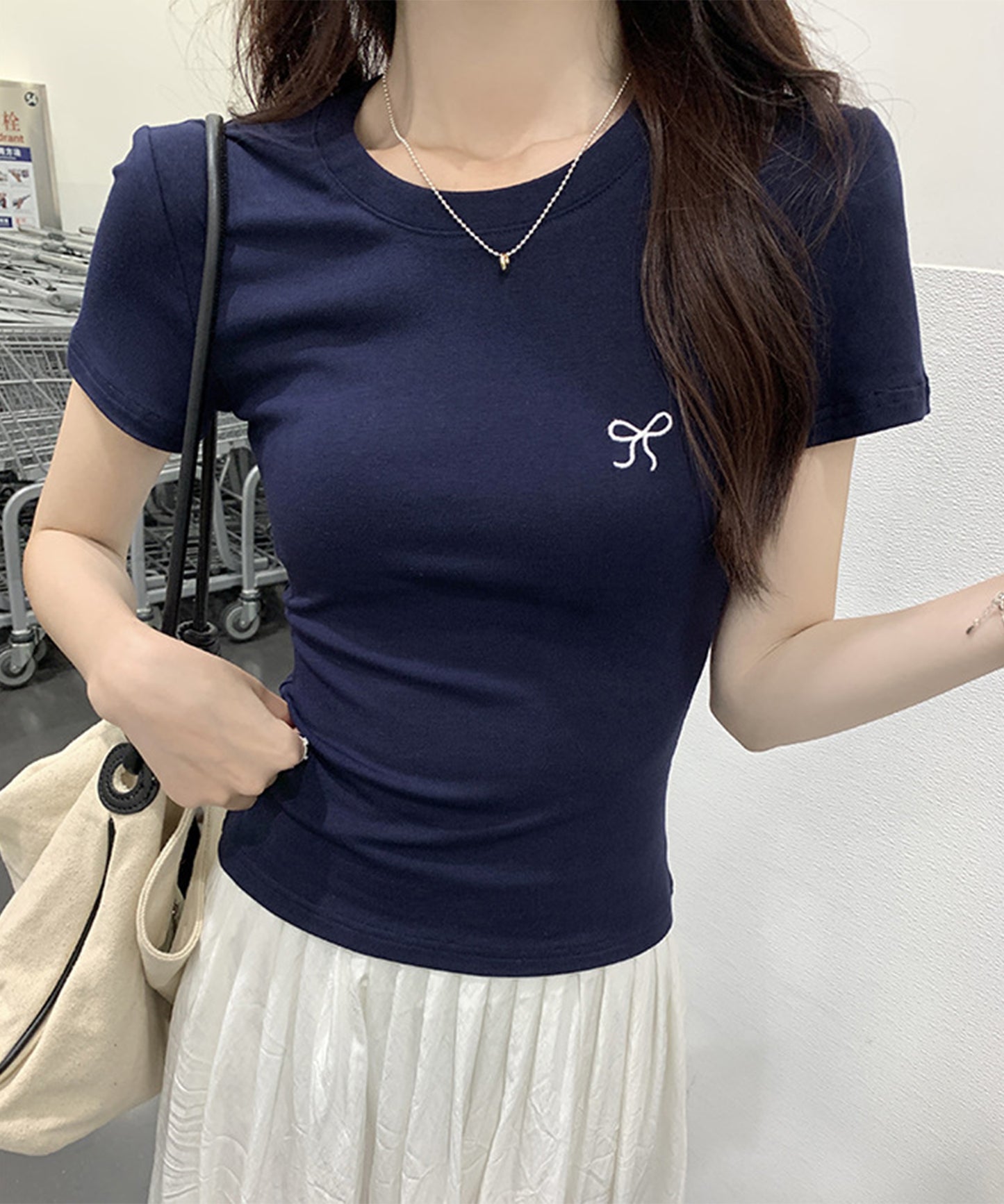 ワンポイント リボン刺繍 クルーネック 半袖 Tシャツ