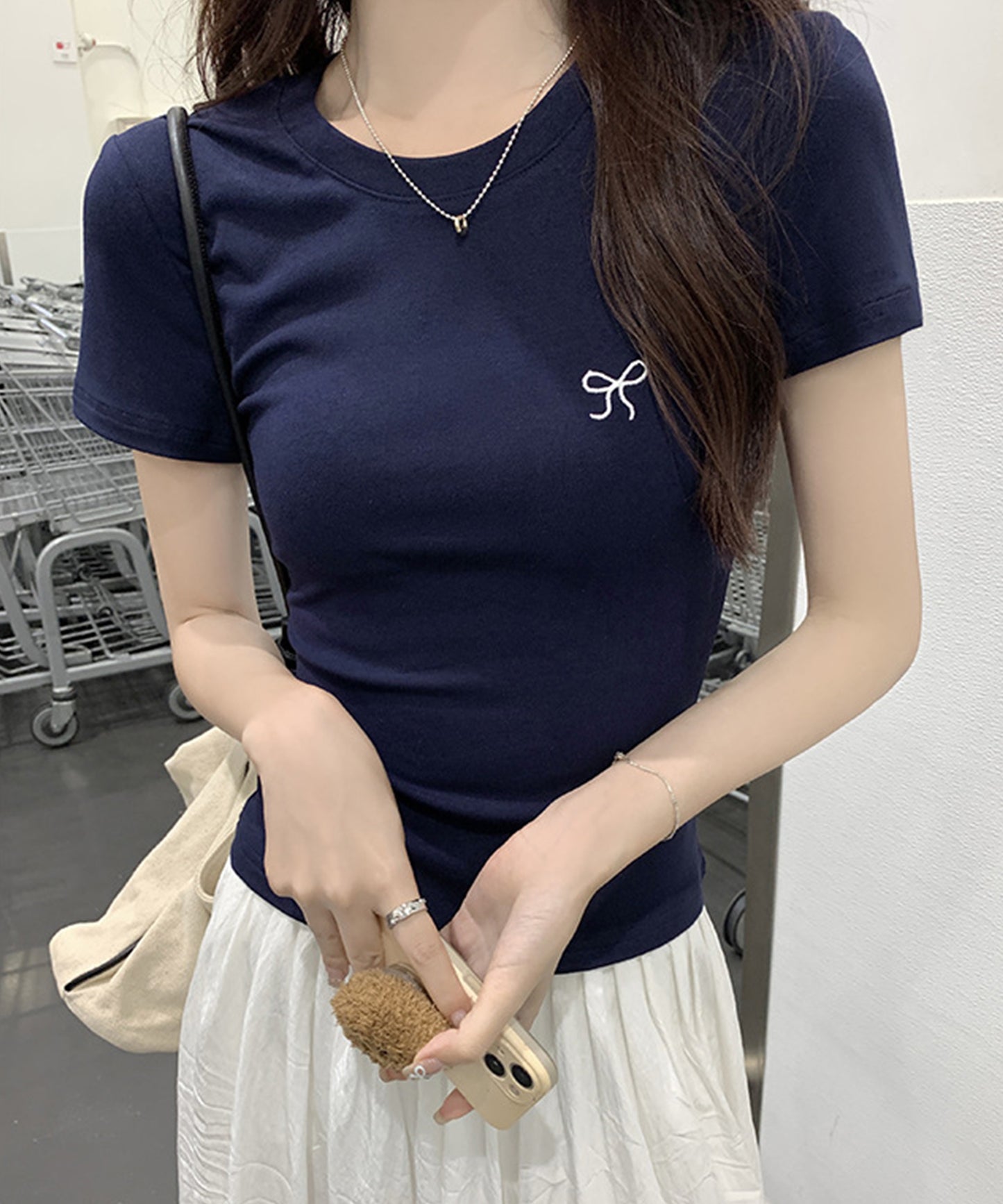 ワンポイント リボン刺繍 クルーネック 半袖 Tシャツ