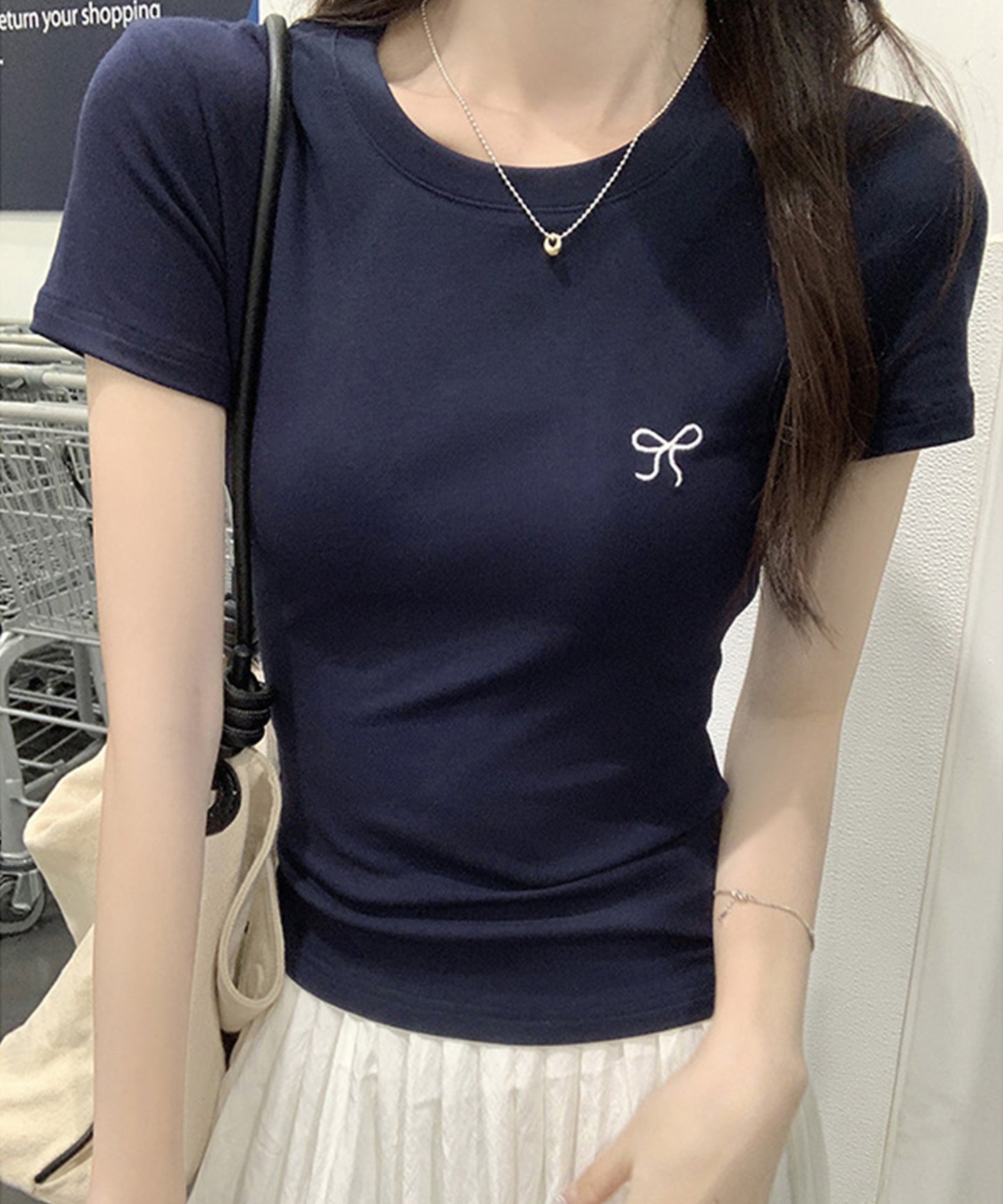 ワンポイント リボン刺繍 クルーネック 半袖 Tシャツ