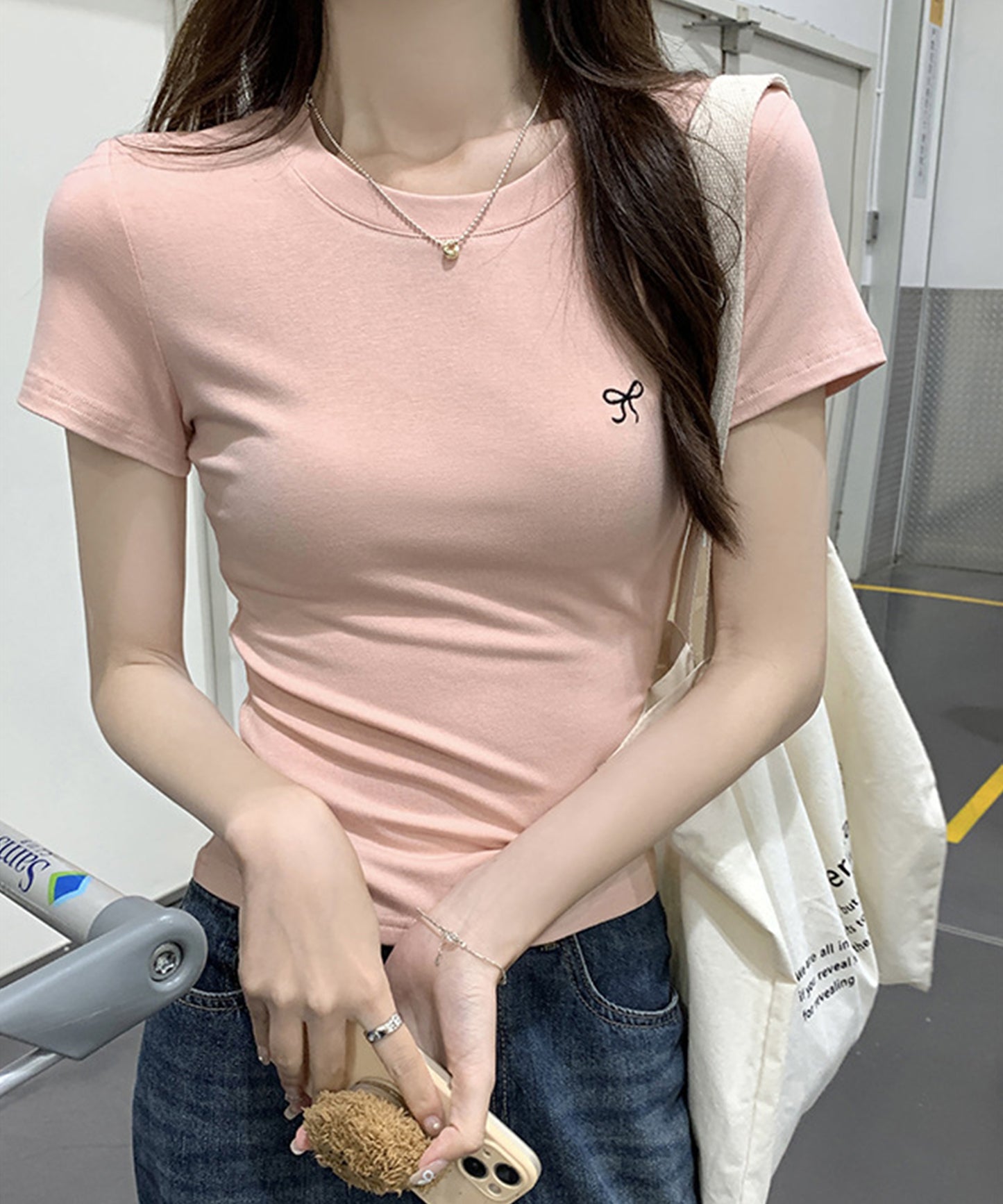 ワンポイント リボン刺繍 クルーネック 半袖 Tシャツ
