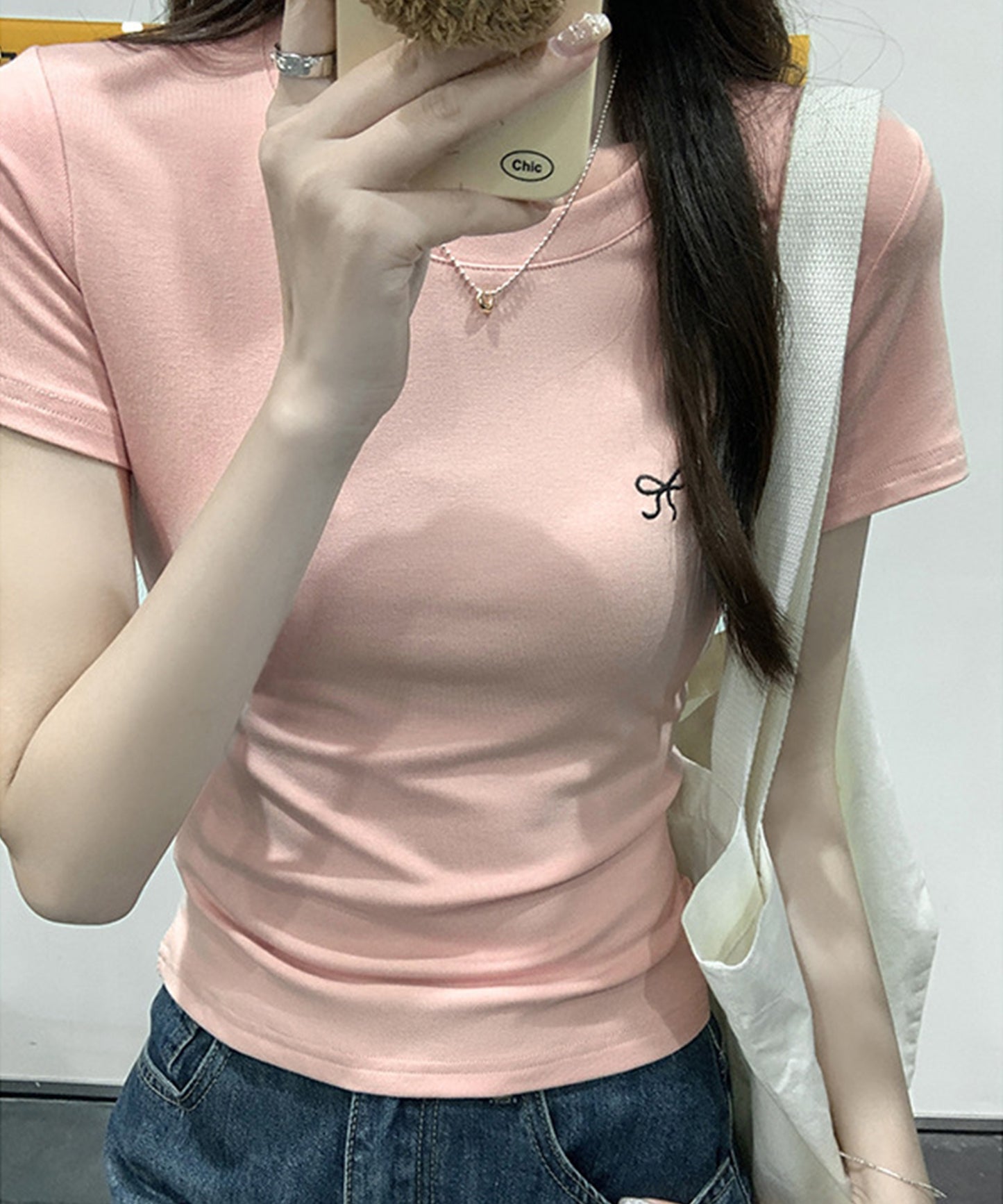 ワンポイント リボン刺繍 クルーネック 半袖 Tシャツ
