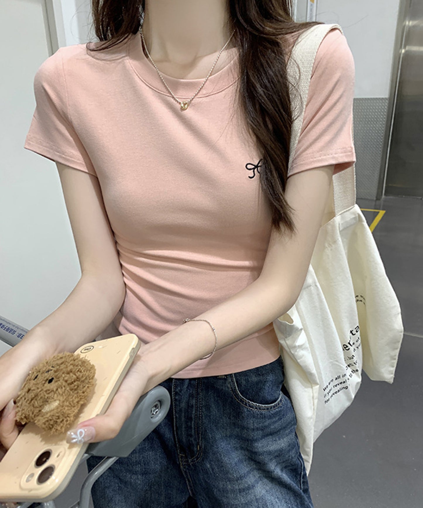 ワンポイント リボン刺繍 クルーネック 半袖 Tシャツ