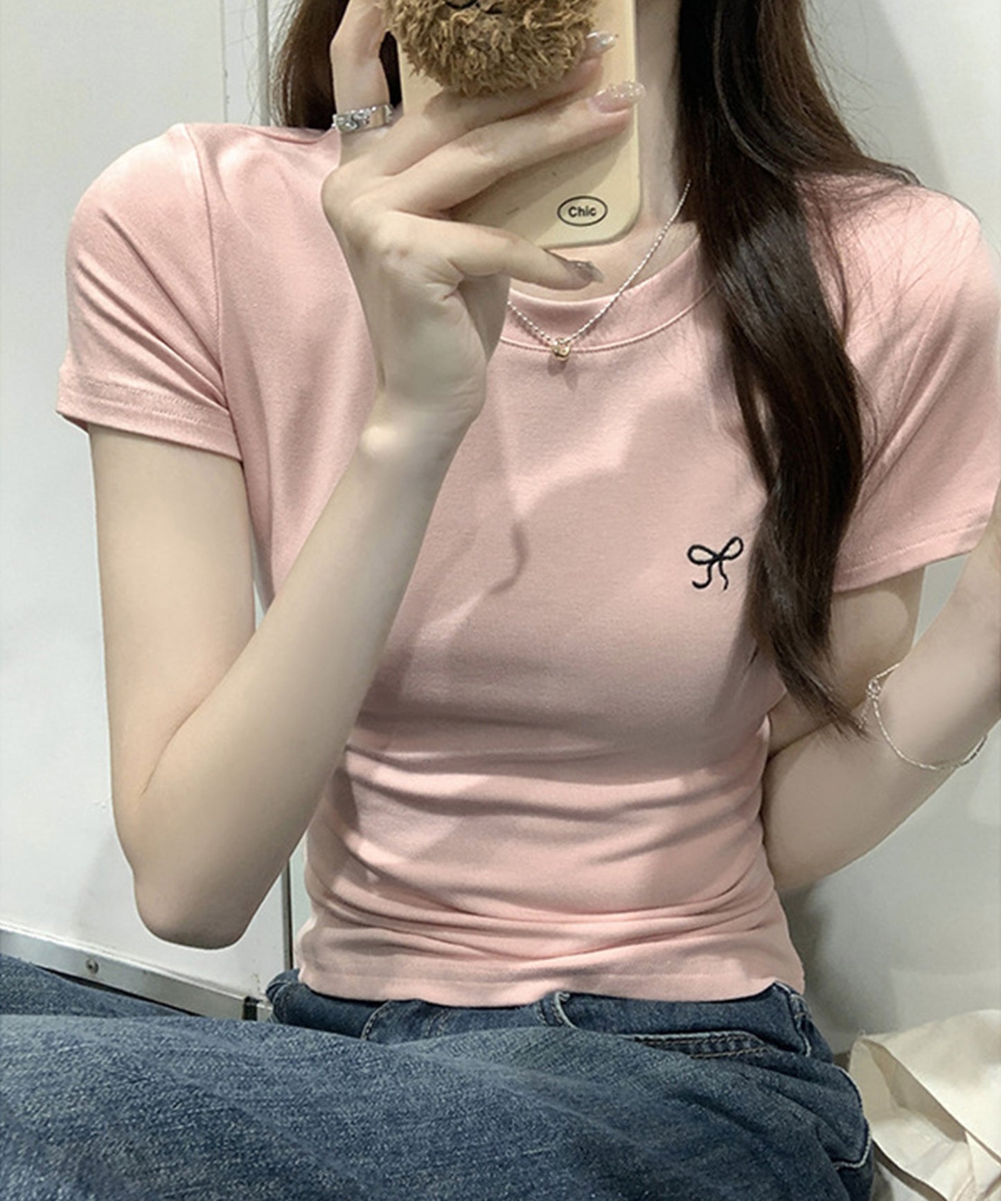 ワンポイント リボン刺繍 クルーネック 半袖 Tシャツ