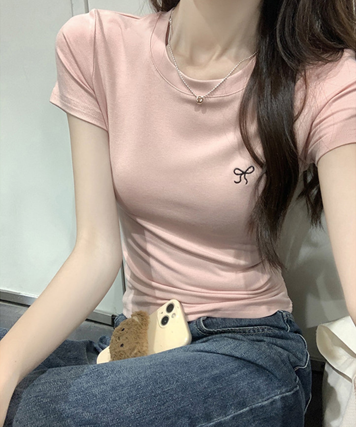 ワンポイント リボン刺繍 クルーネック 半袖 Tシャツ