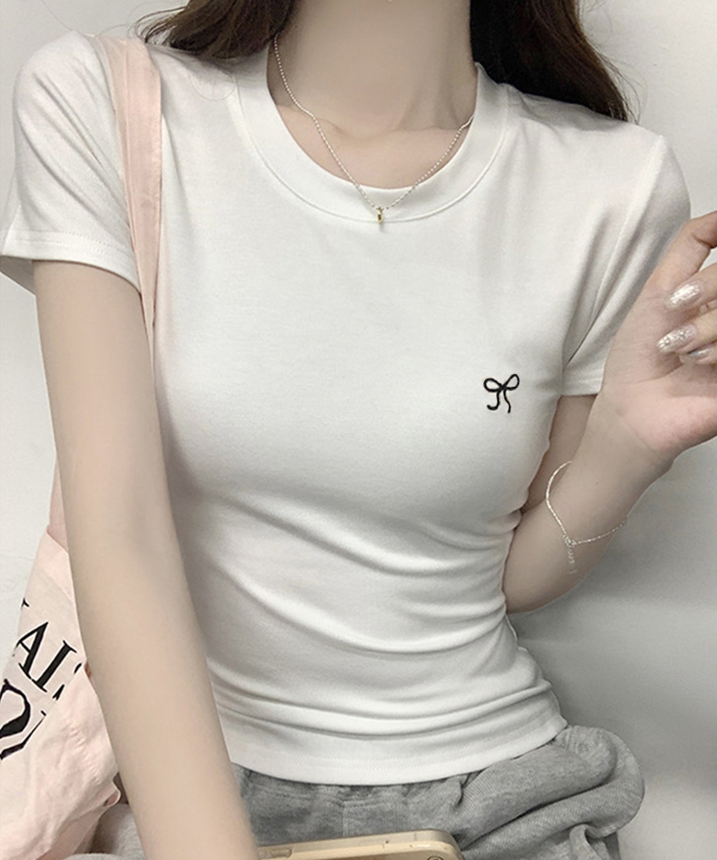 ワンポイント リボン刺繍 クルーネック 半袖 Tシャツ