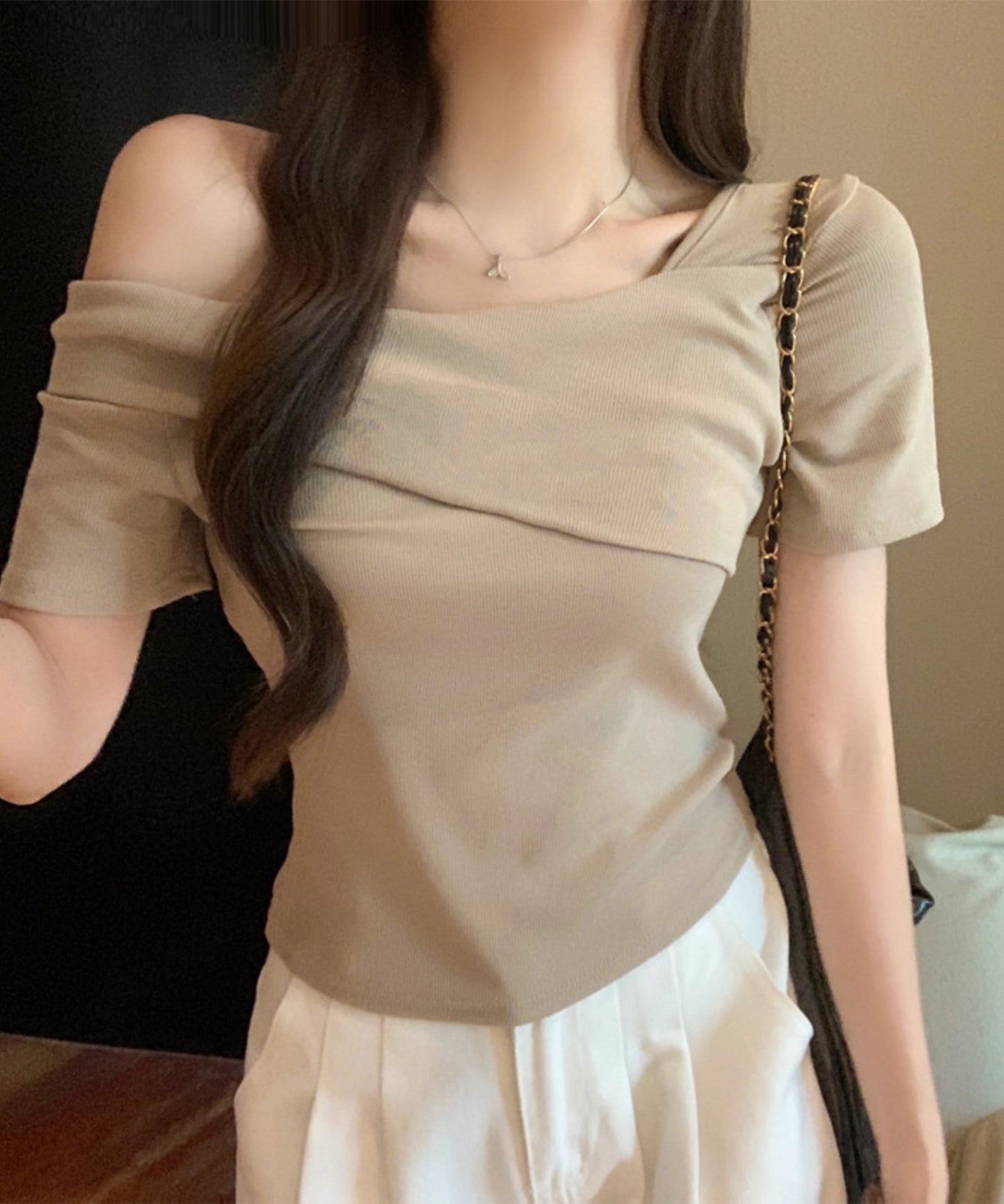 ワンショルダー アシンメトリー 半袖 リブ Tシャツ