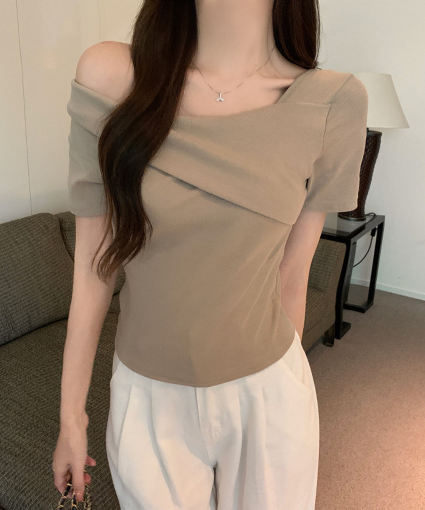 ワンショルダー アシンメトリー 半袖 リブ Tシャツ