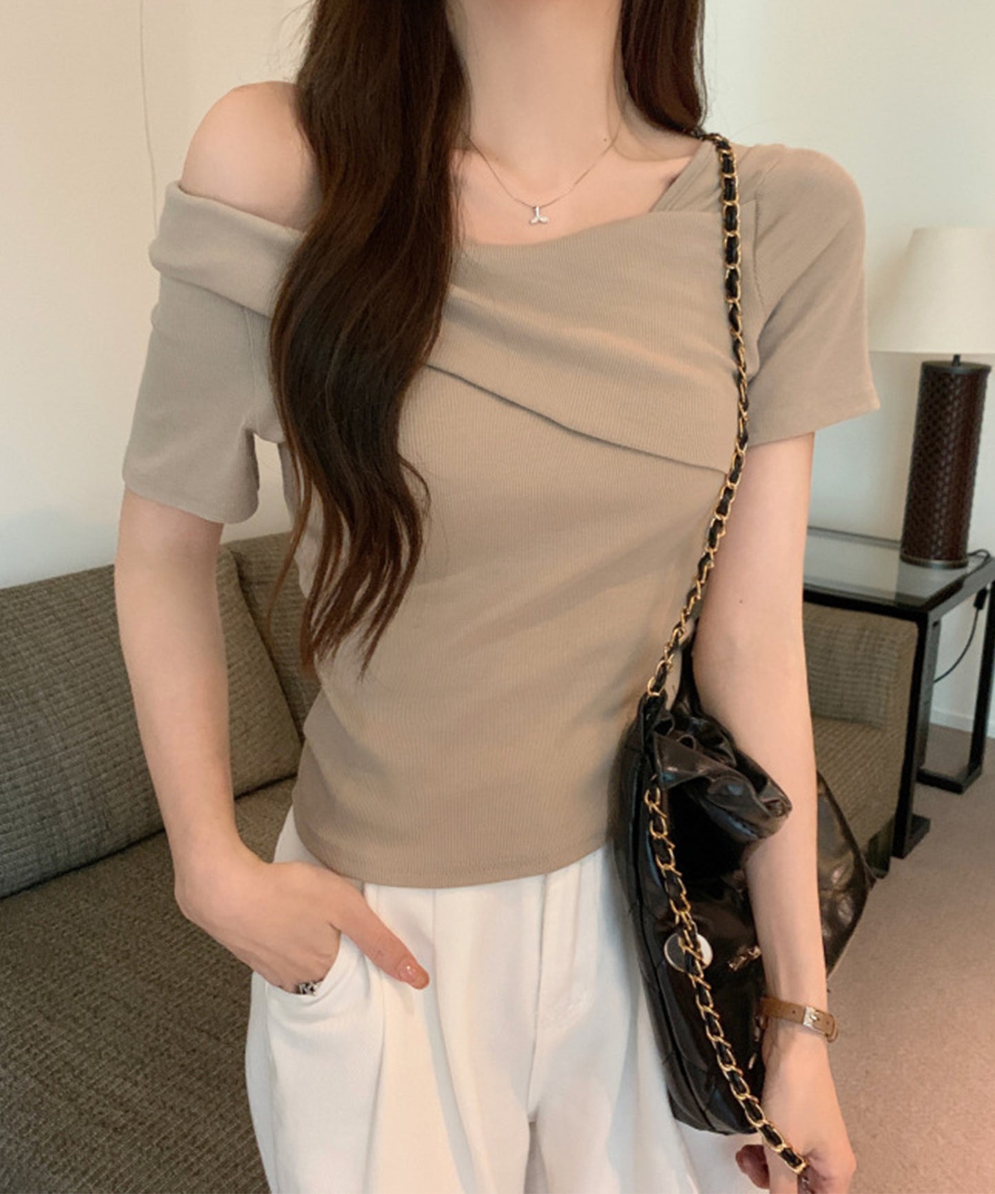 ワンショルダー アシンメトリー 半袖 リブ Tシャツ