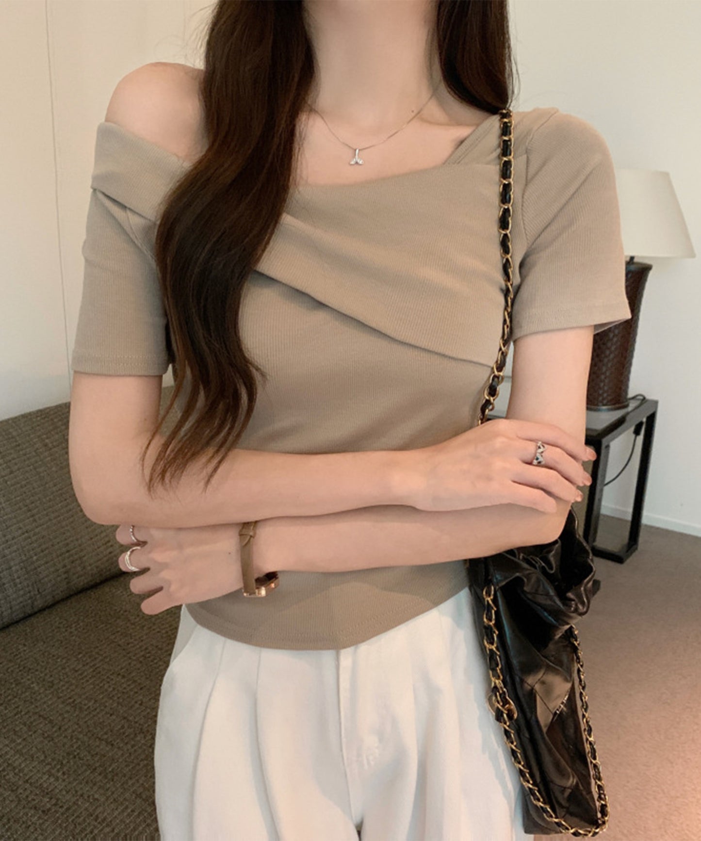 ワンショルダー アシンメトリー 半袖 リブ Tシャツ