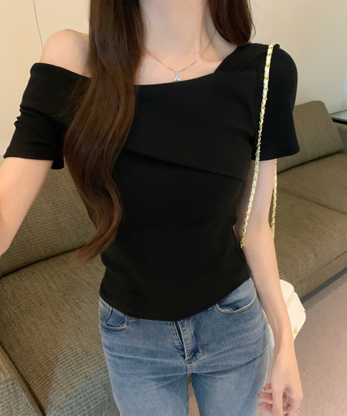 ワンショルダー アシンメトリー 半袖 リブ Tシャツ