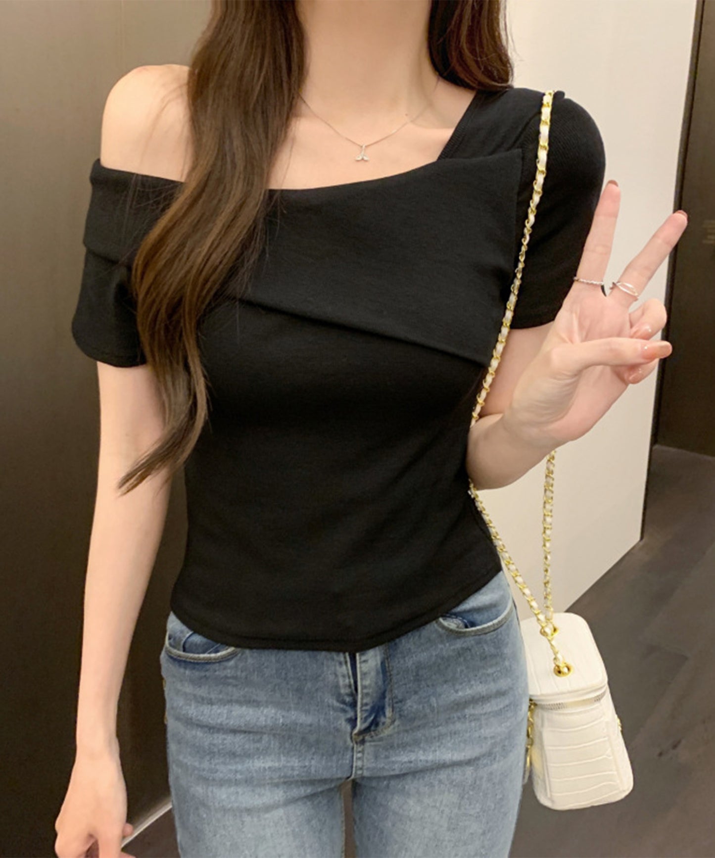 ワンショルダー アシンメトリー 半袖 リブ Tシャツ