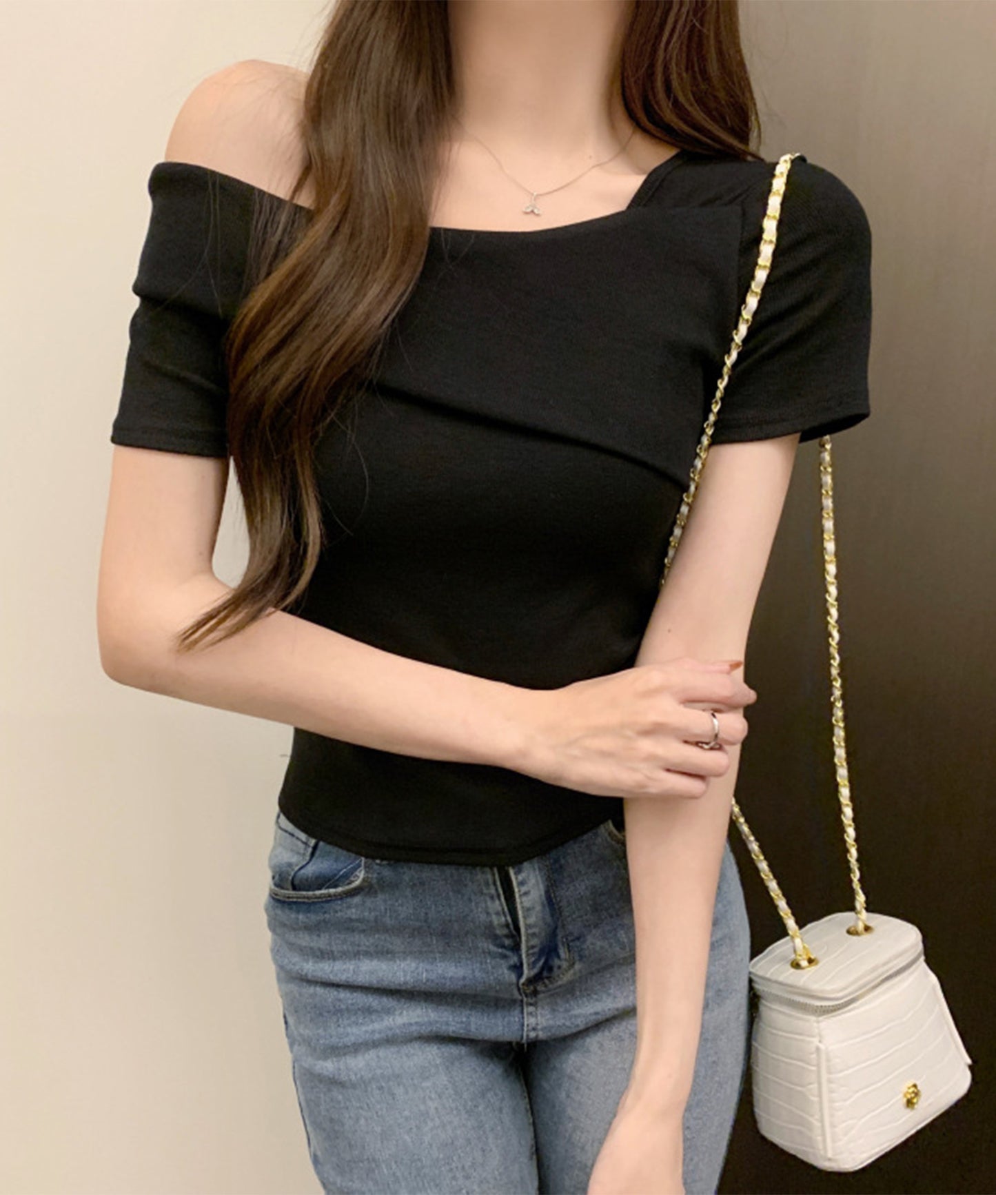 ワンショルダー アシンメトリー 半袖 リブ Tシャツ