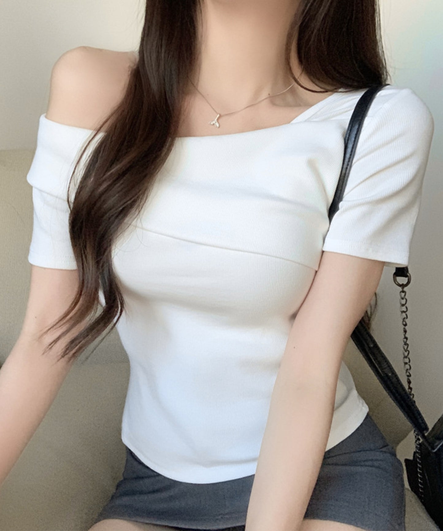 ワンショルダー アシンメトリー 半袖 リブ Tシャツ