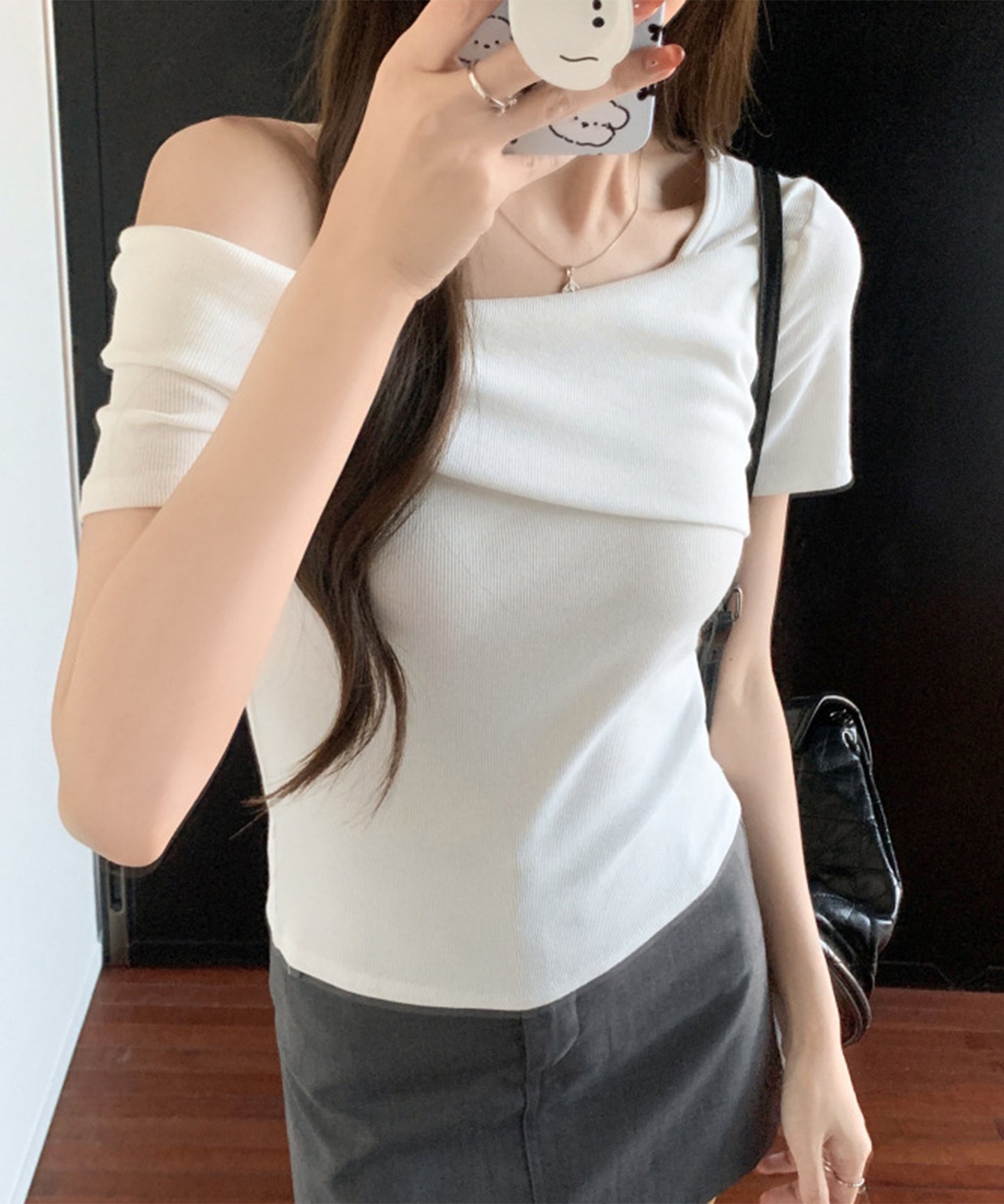 ワンショルダー アシンメトリー 半袖 リブ Tシャツ