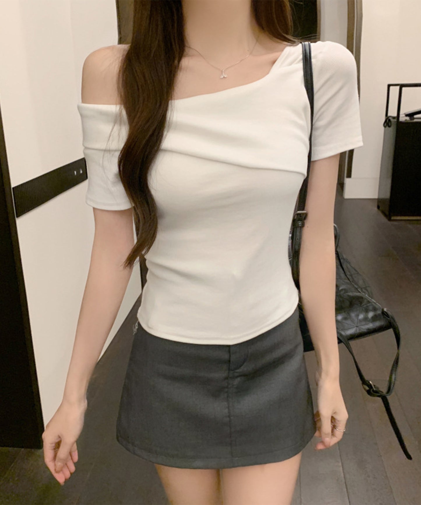 ワンショルダー アシンメトリー 半袖 リブ Tシャツ