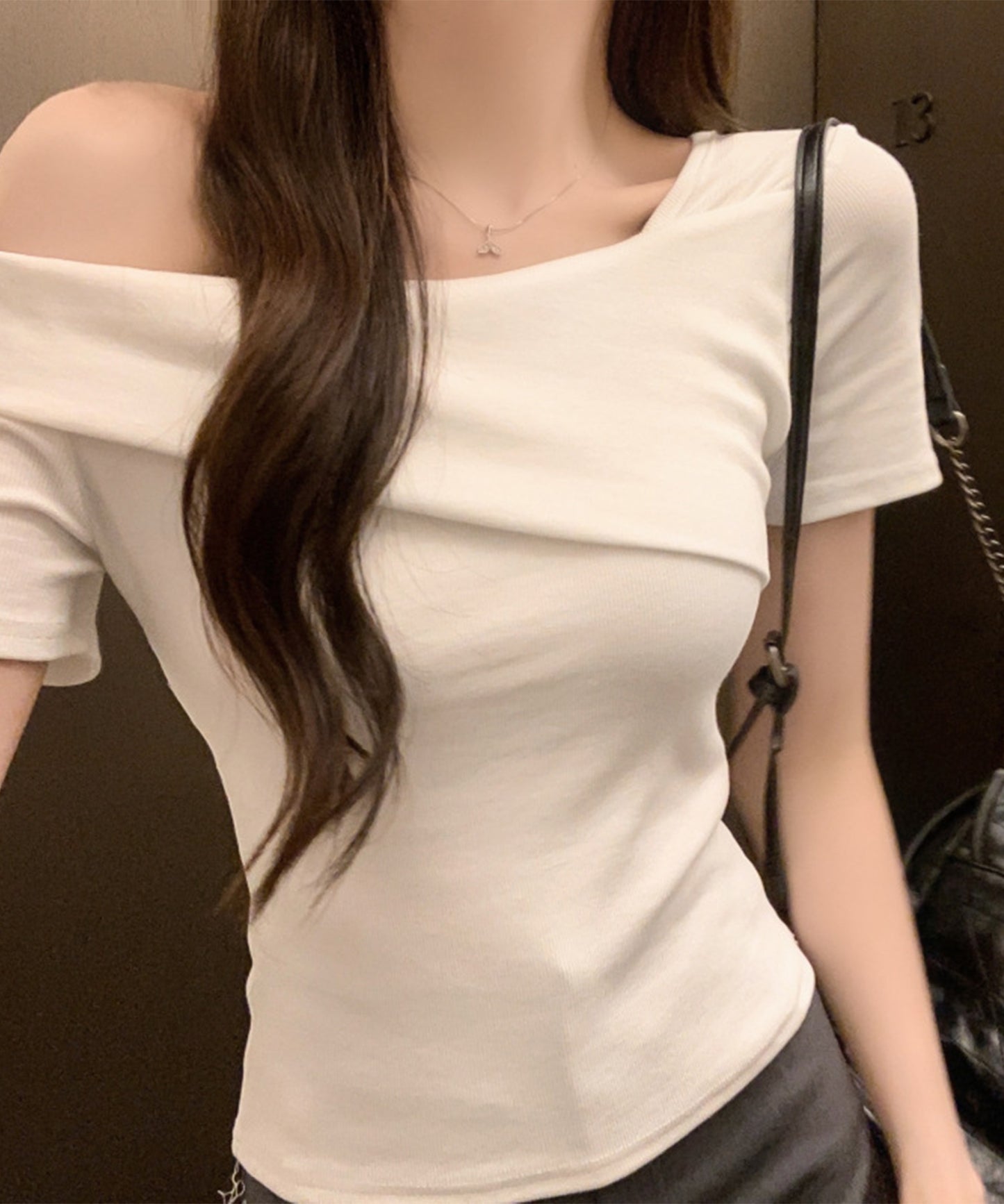 ワンショルダー アシンメトリー 半袖 リブ Tシャツ