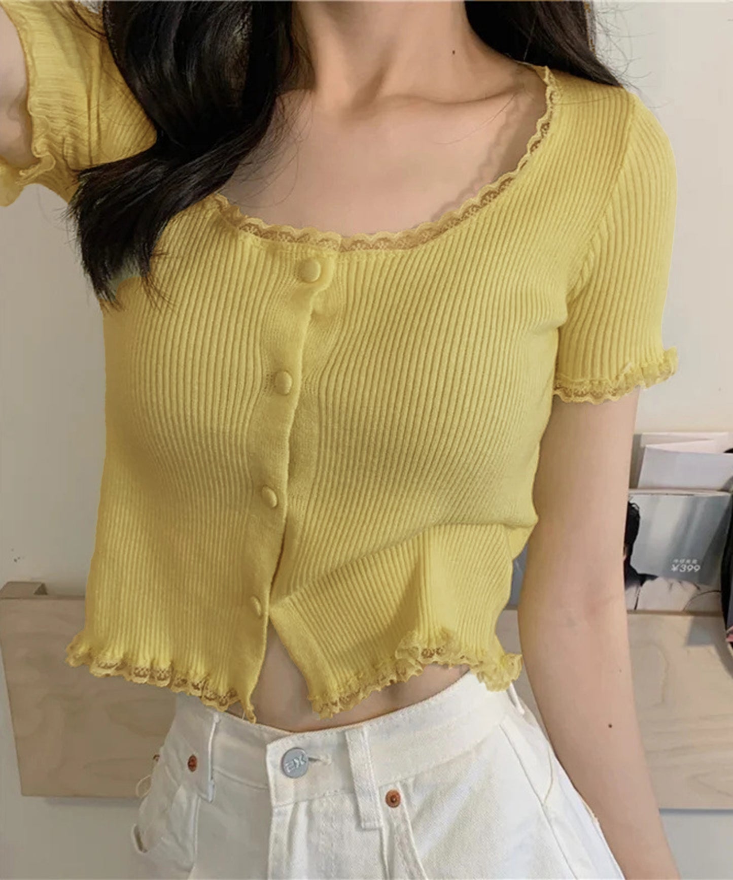 レース パイピング 半袖 リブニット ショート トップス