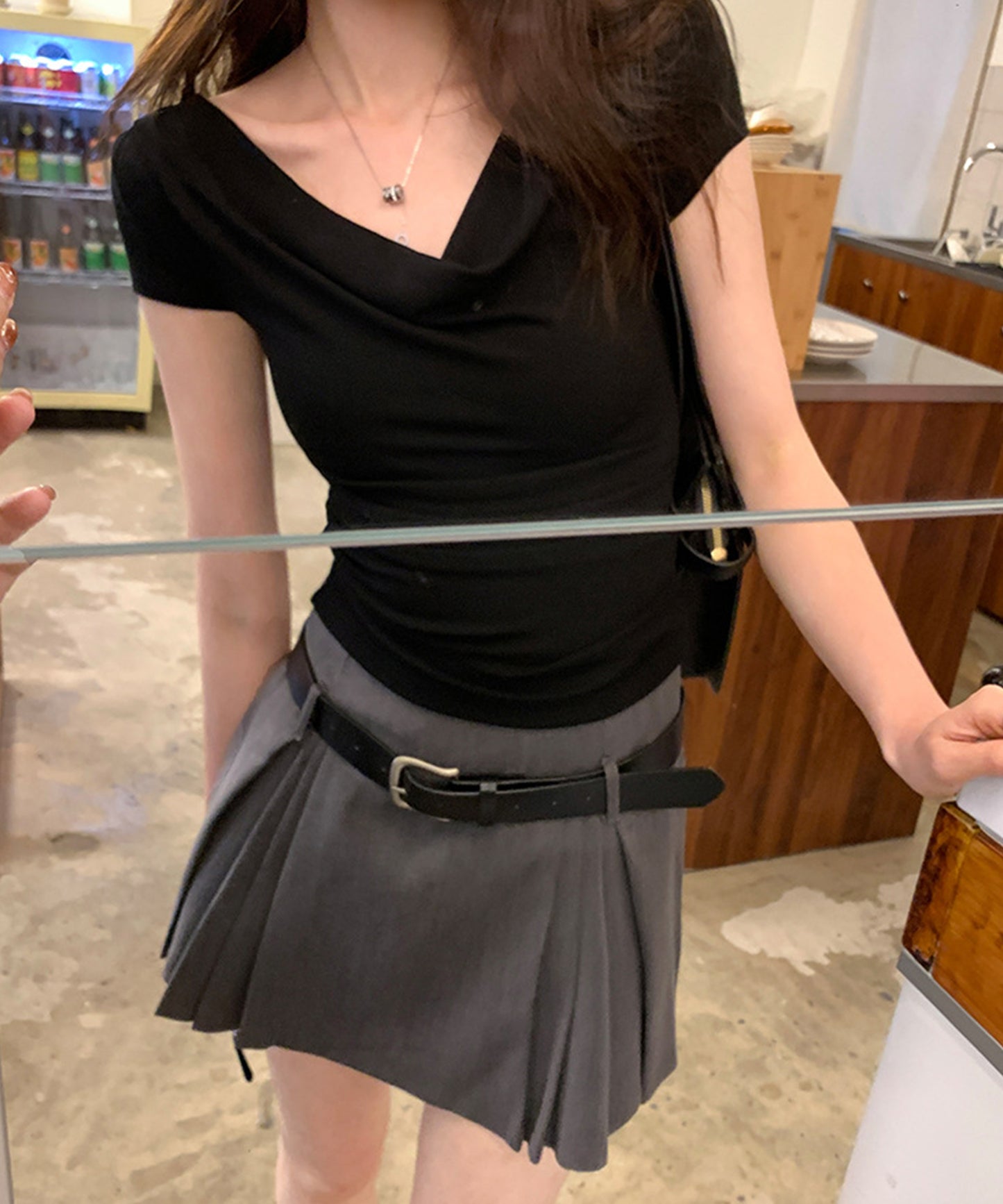 ドレープ 半袖 リブ オフショルダー Tシャツ