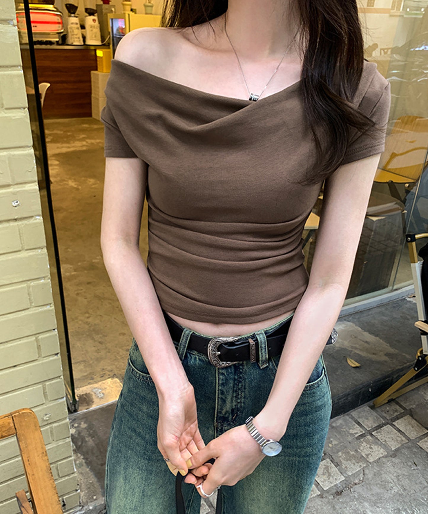 ドレープ 半袖 リブ オフショルダー Tシャツ
