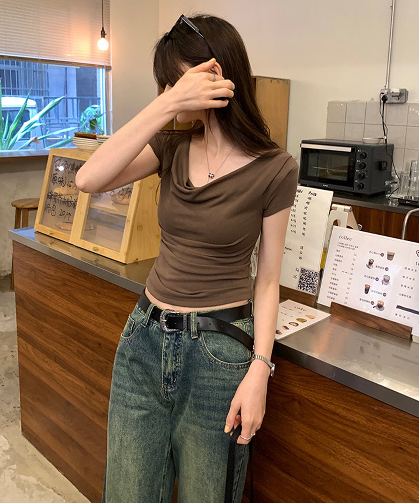 ドレープ 半袖 リブ オフショルダー Tシャツ