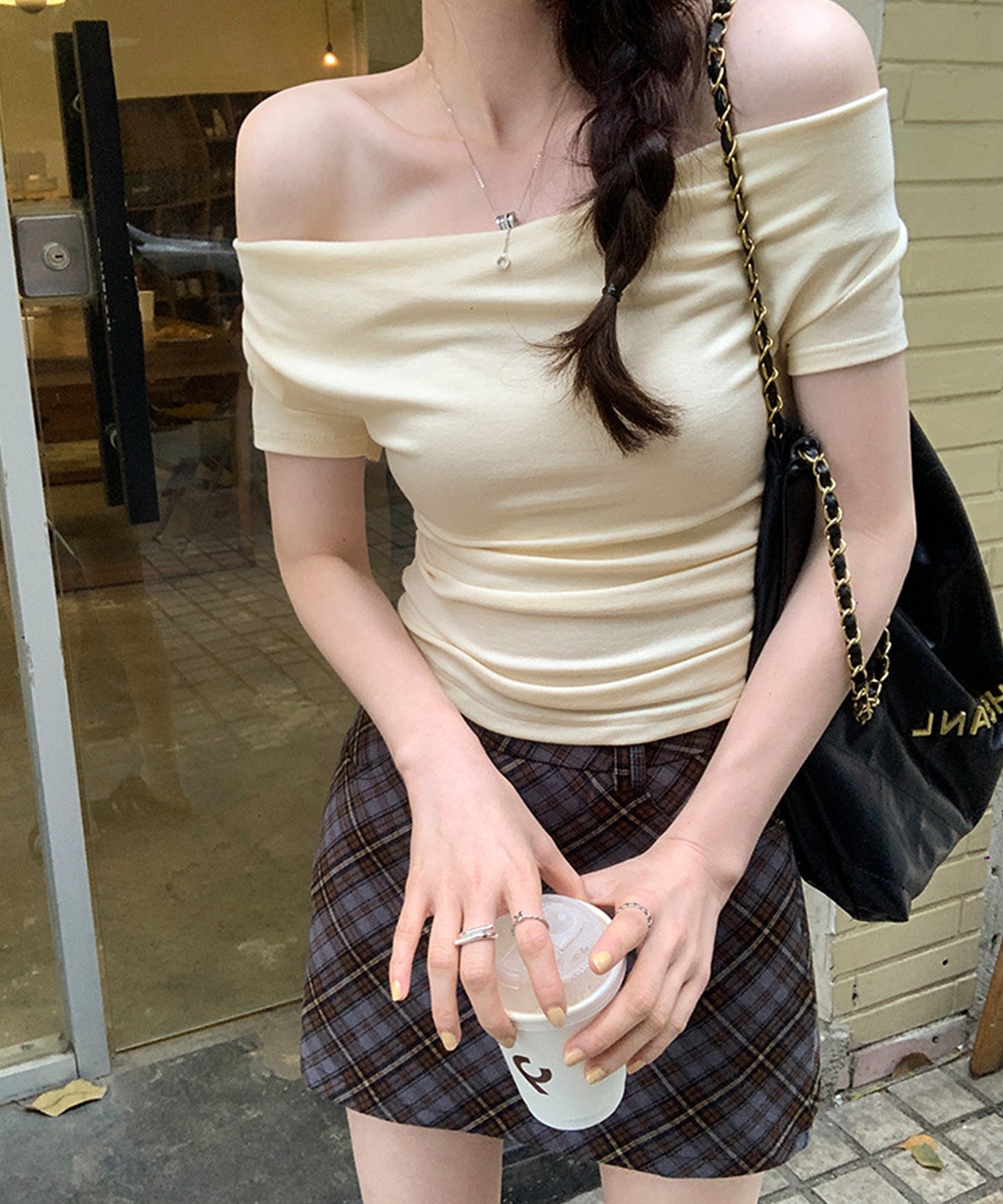 ドレープ 半袖 リブ オフショルダー Tシャツ