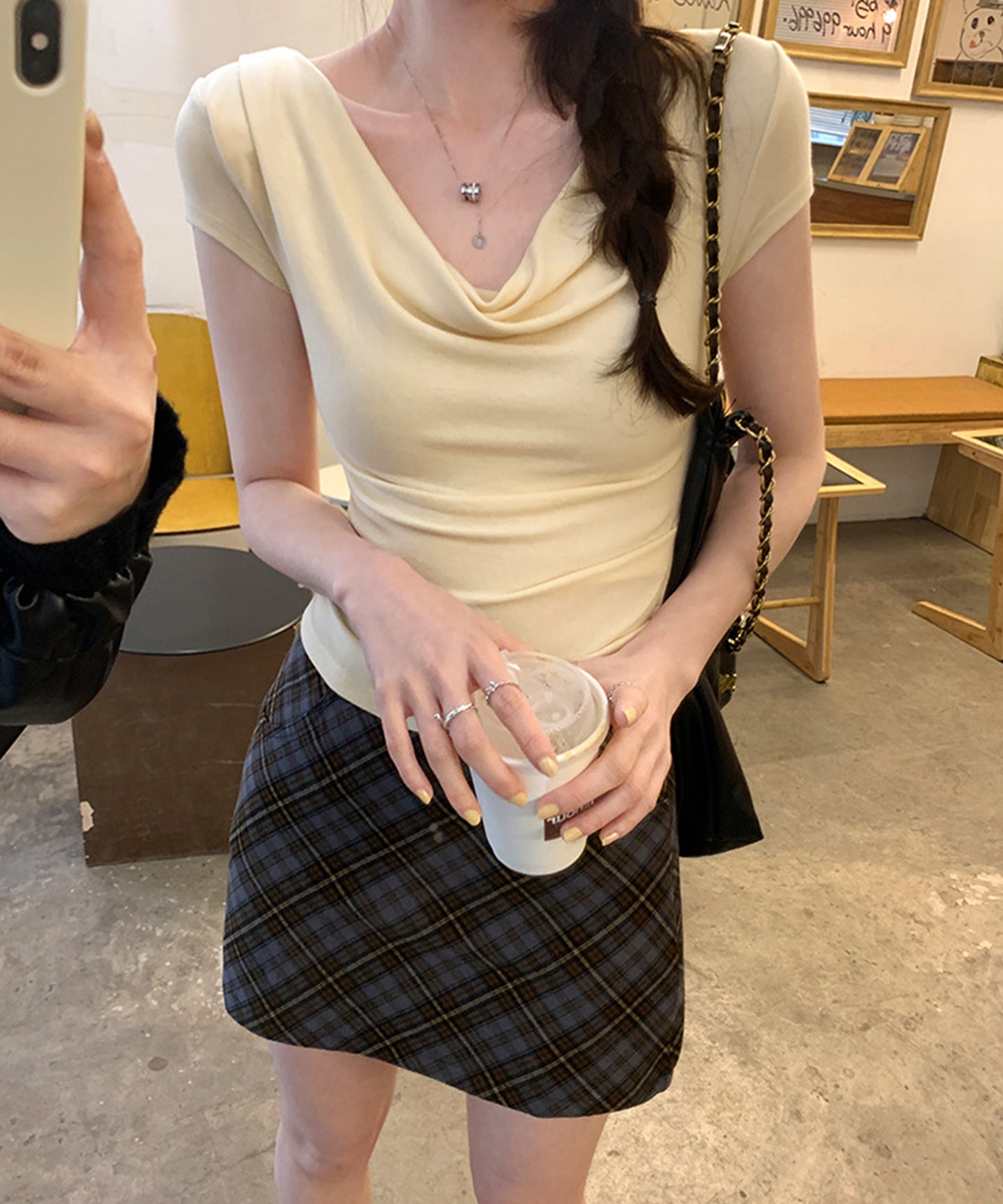 ドレープ 半袖 リブ オフショルダー Tシャツ