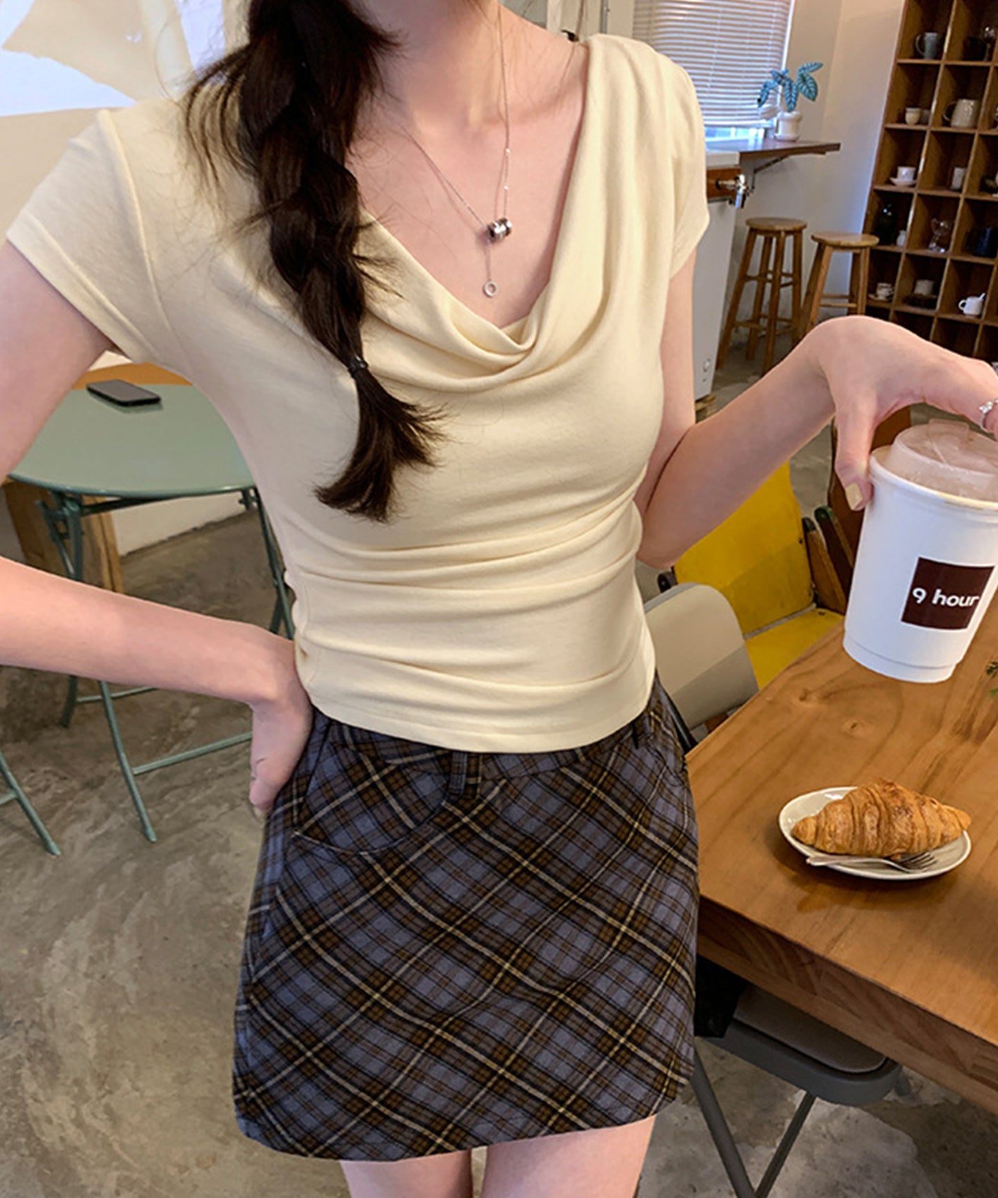 ドレープ 半袖 リブ オフショルダー Tシャツ