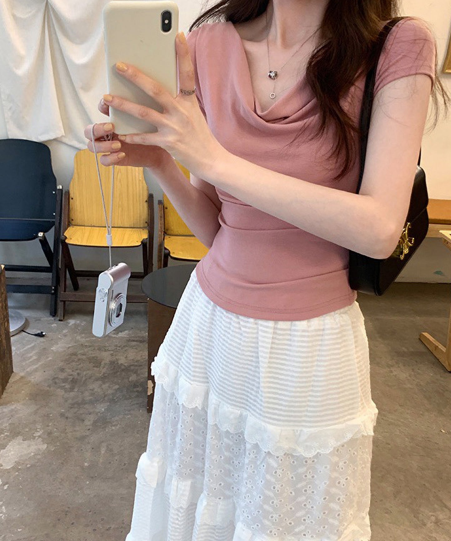 ドレープ 半袖 リブ オフショルダー Tシャツ