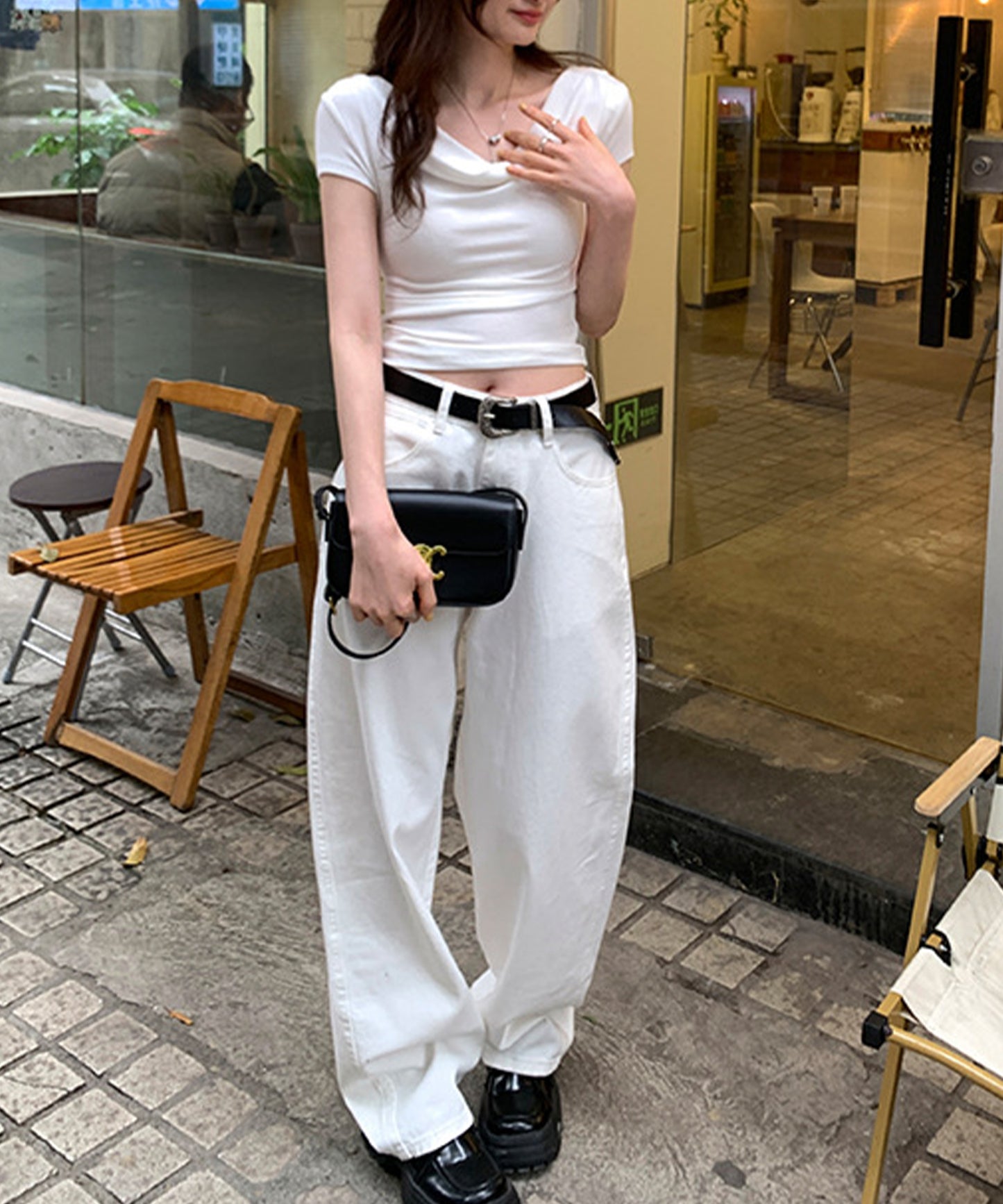 ドレープ 半袖 リブ オフショルダー Tシャツ