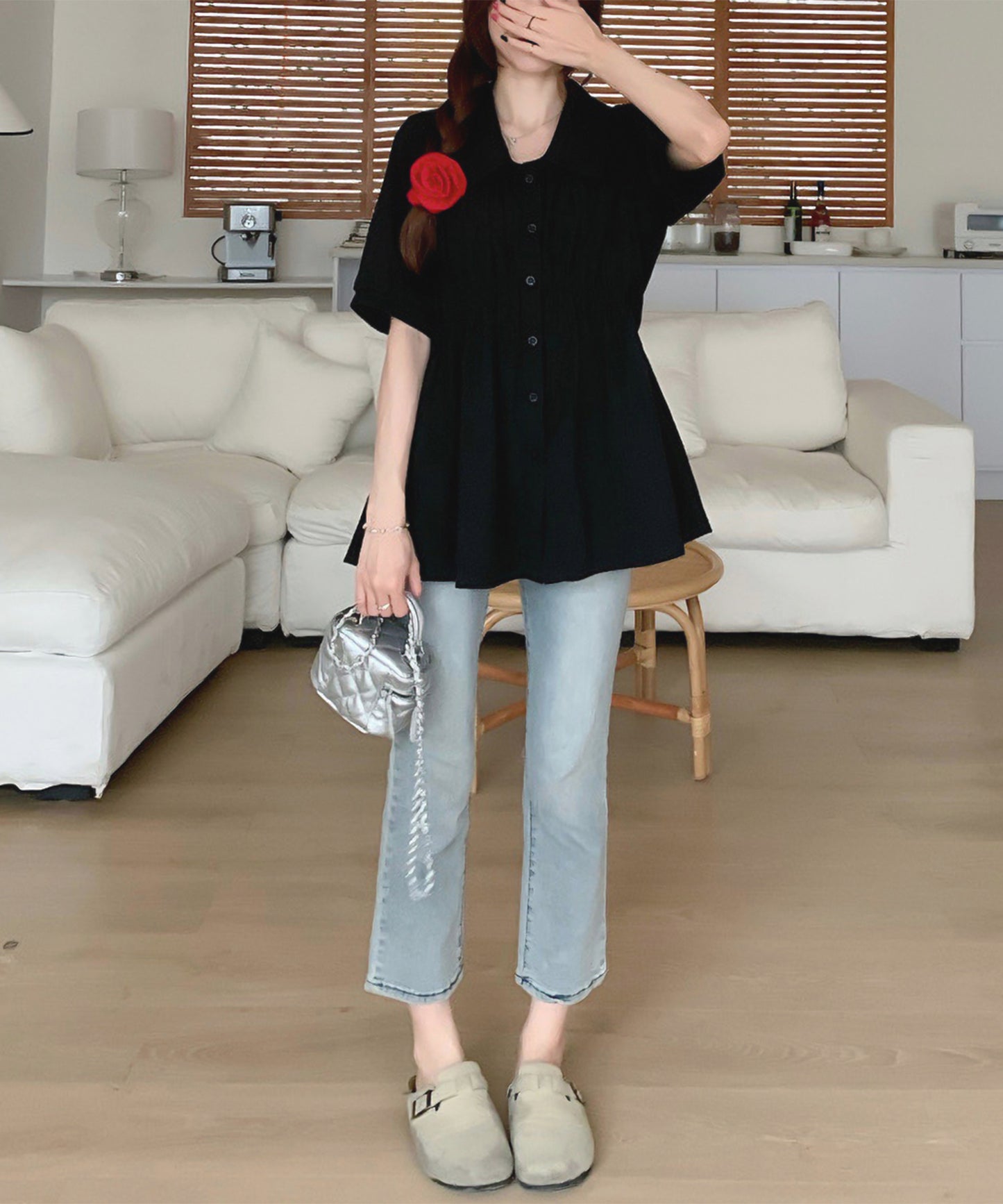 ギャザー 切替 襟付き 半袖 ロング シャツ