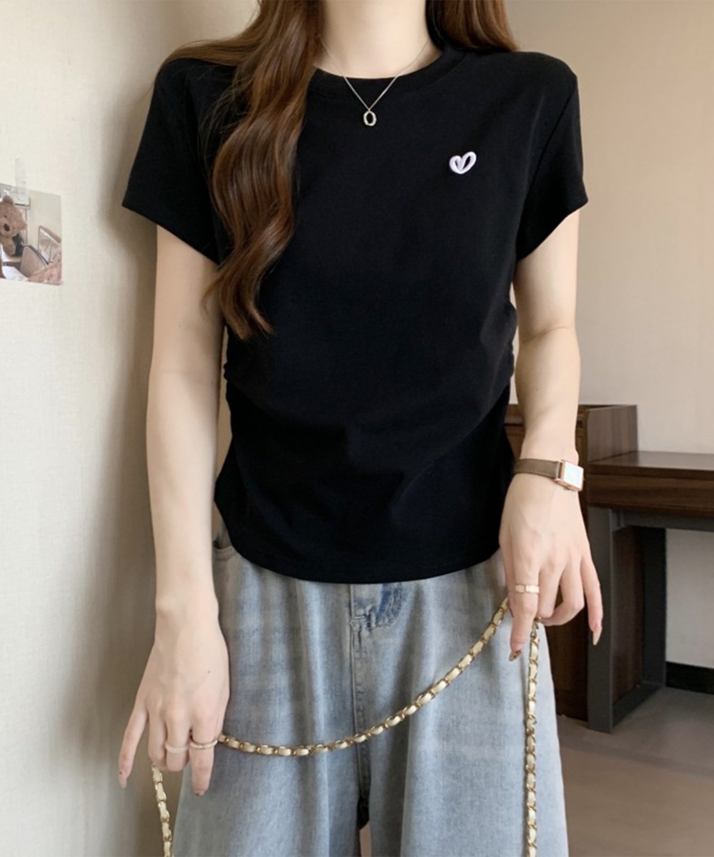 ハート刺繍 シャーリング クルーネック 半袖 Tシャツ