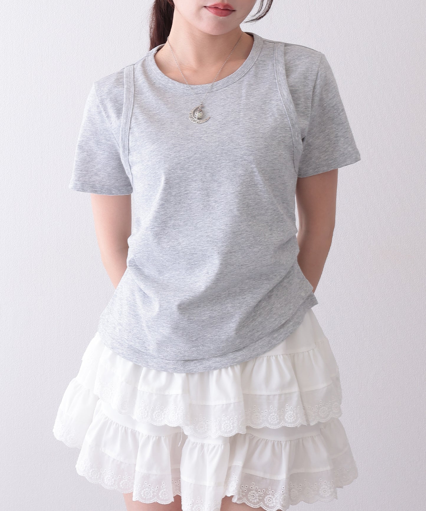 ソリッドカラー フェイクレイヤード クルーネック 半袖 Tシャツ