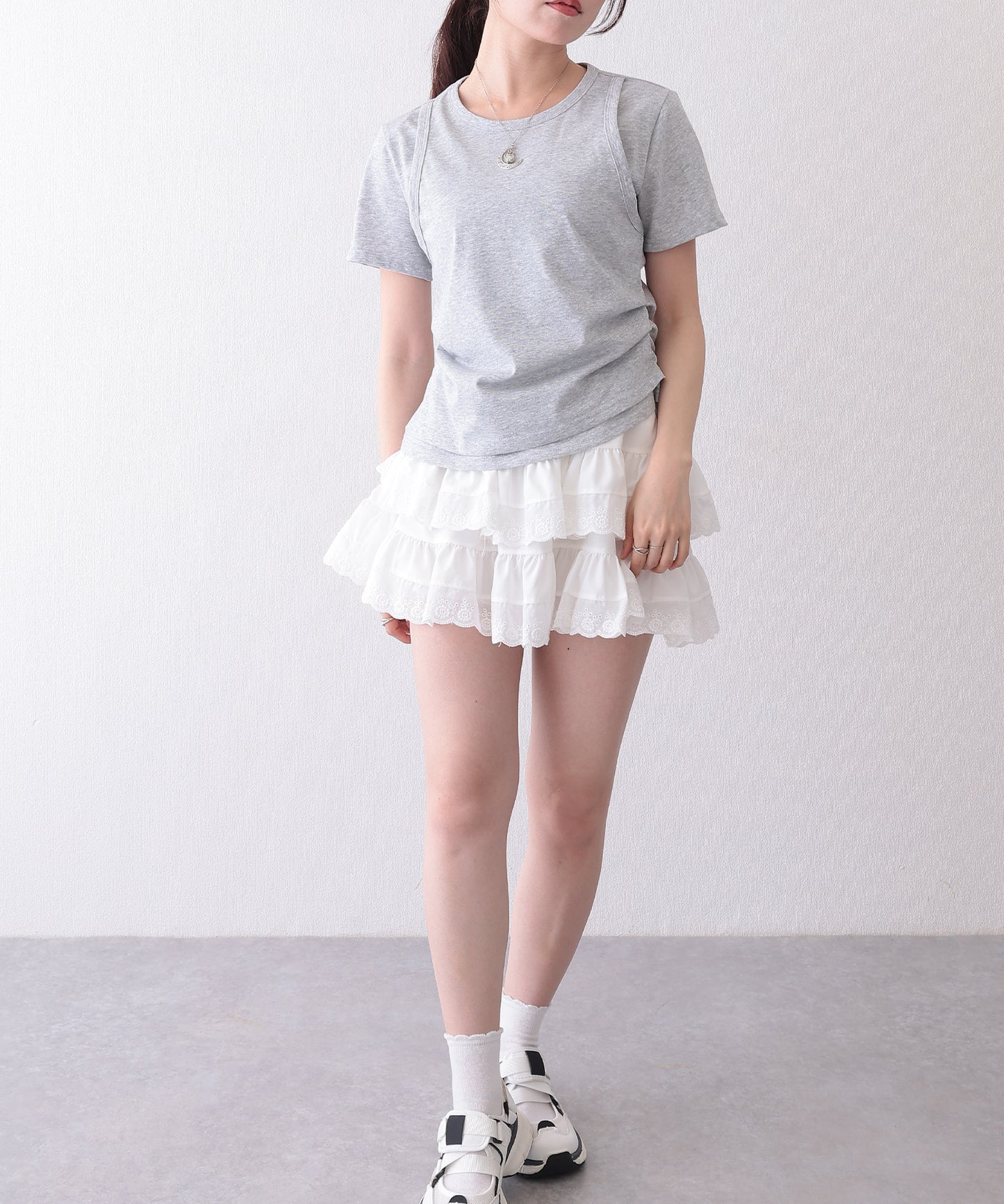 ソリッドカラー フェイクレイヤード クルーネック 半袖 Tシャツ