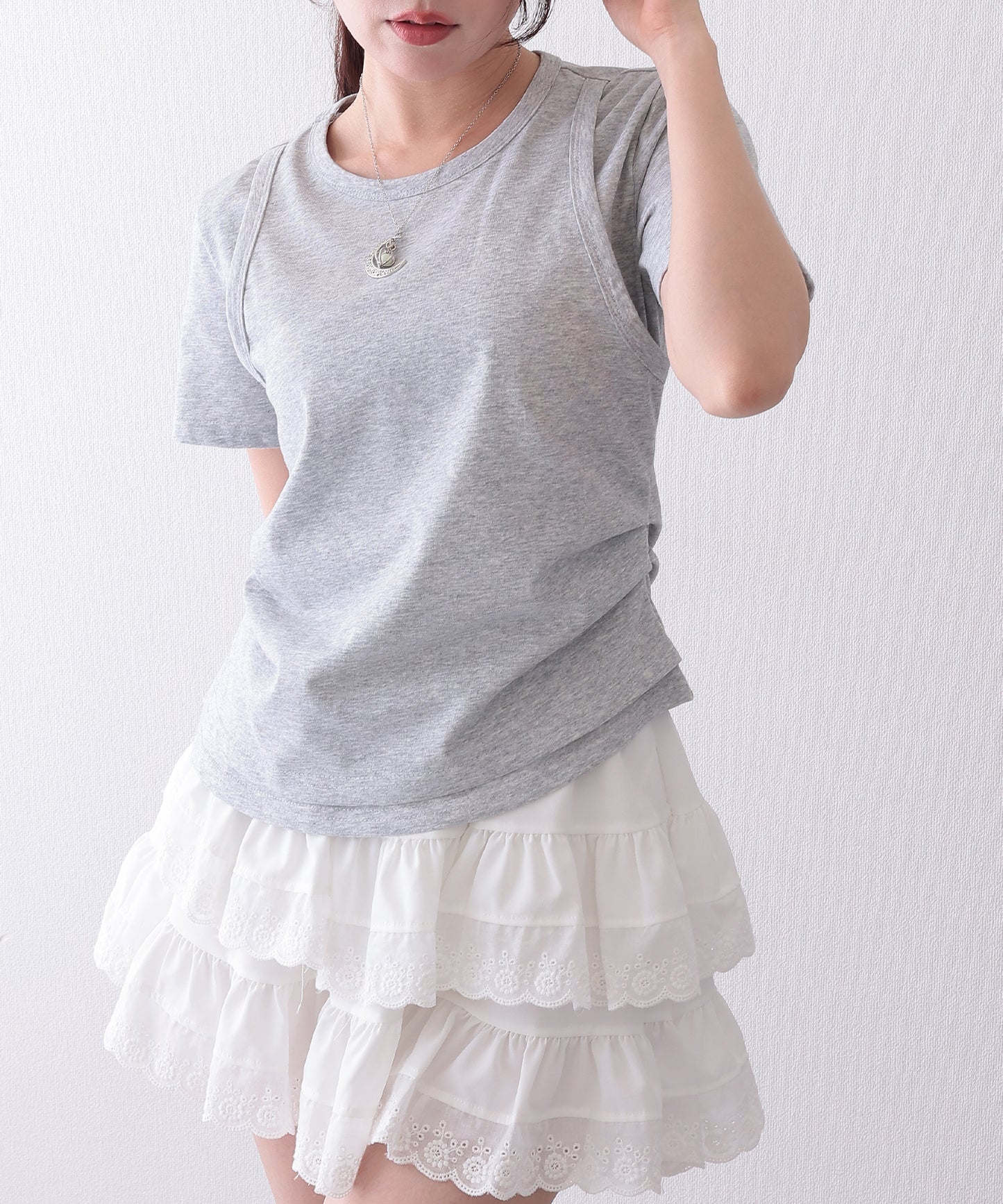 ソリッドカラー フェイクレイヤード クルーネック 半袖 Tシャツ