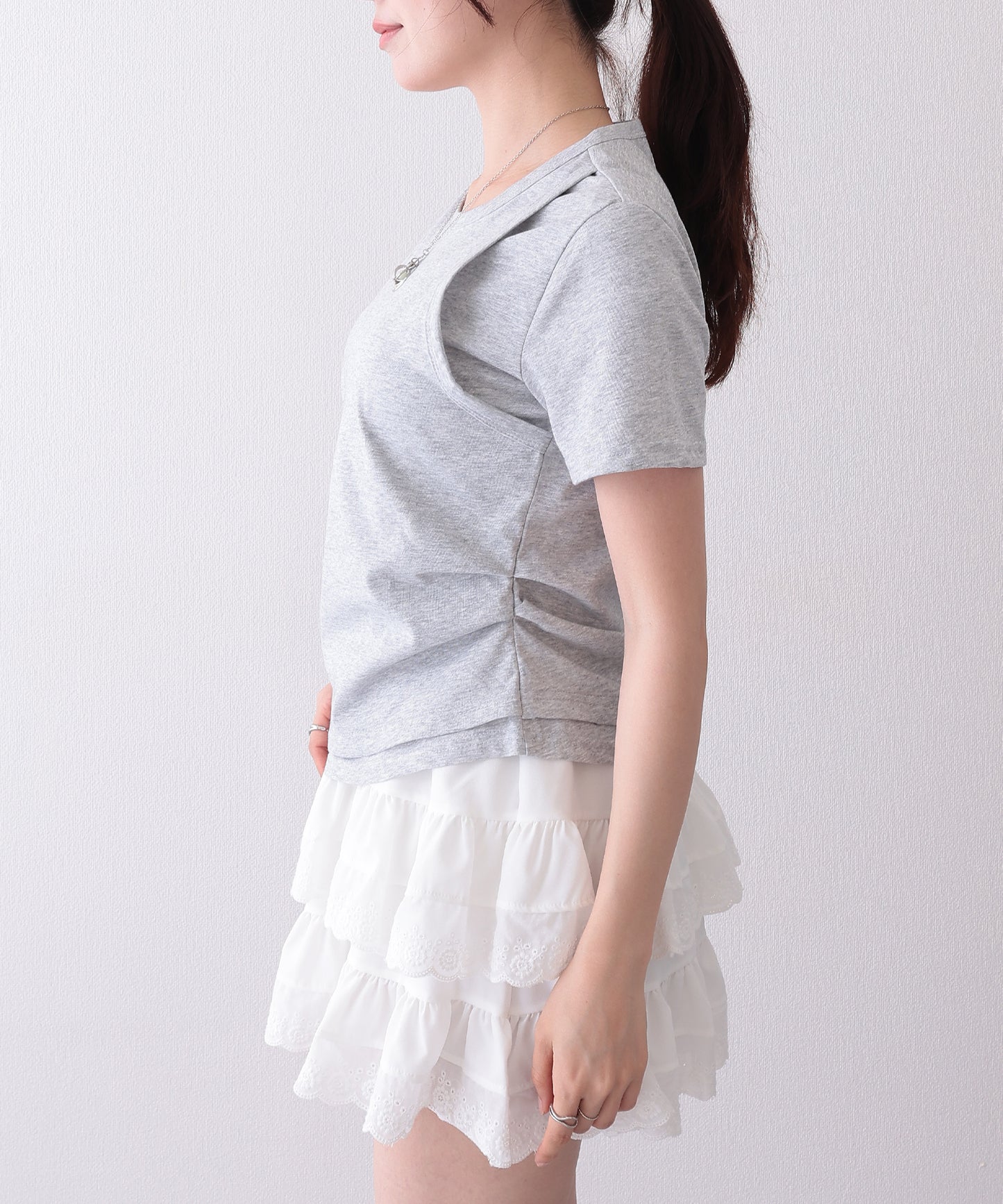 ソリッドカラー フェイクレイヤード クルーネック 半袖 Tシャツ