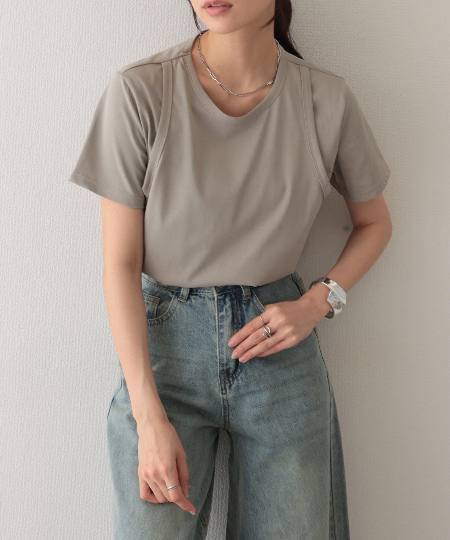 ソリッドカラー フェイクレイヤード クルーネック 半袖 Tシャツ