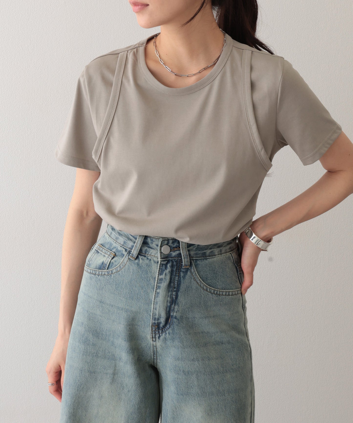 ソリッドカラー フェイクレイヤード クルーネック 半袖 Tシャツ
