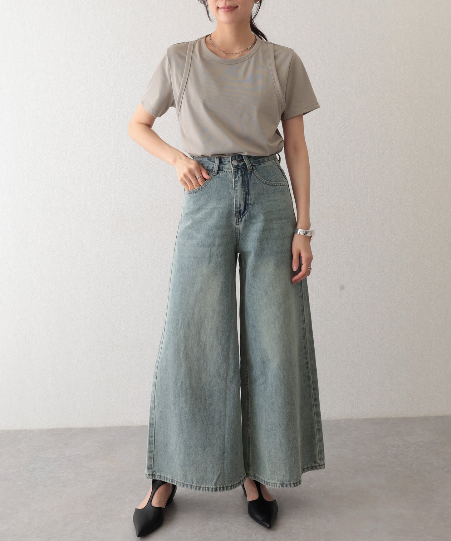 ソリッドカラー フェイクレイヤード クルーネック 半袖 Tシャツ