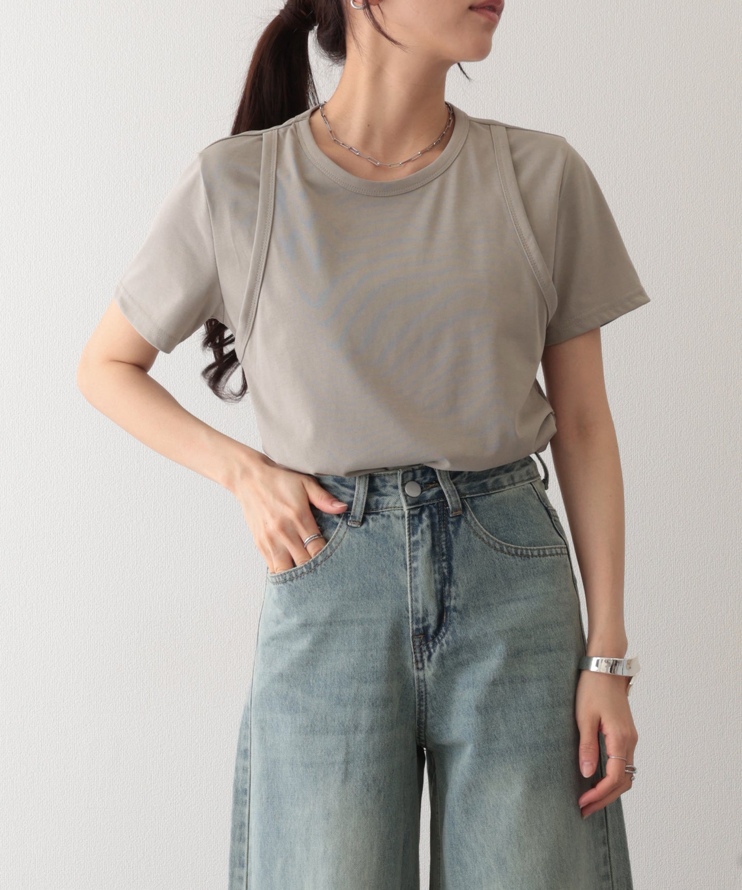 ソリッドカラー フェイクレイヤード クルーネック 半袖 Tシャツ