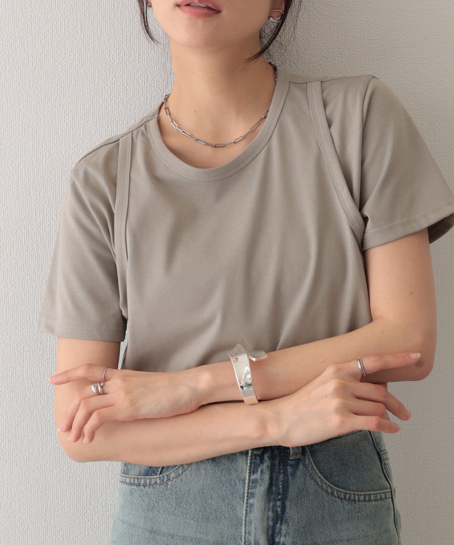 ソリッドカラー フェイクレイヤード クルーネック 半袖 Tシャツ