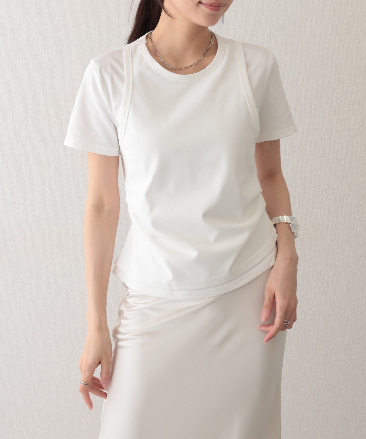 ソリッドカラー フェイクレイヤード クルーネック 半袖 Tシャツ