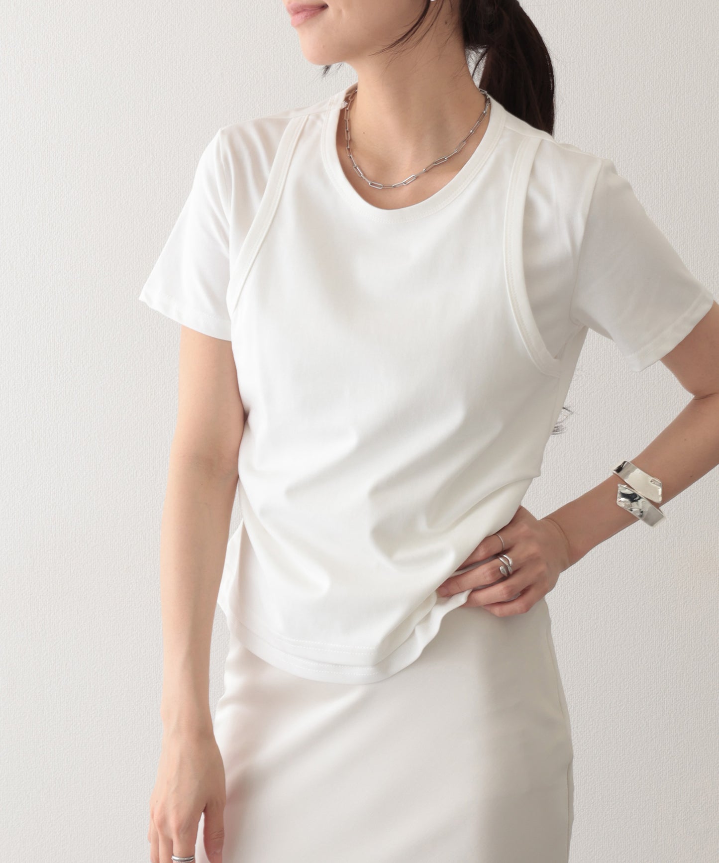 ソリッドカラー フェイクレイヤード クルーネック 半袖 Tシャツ