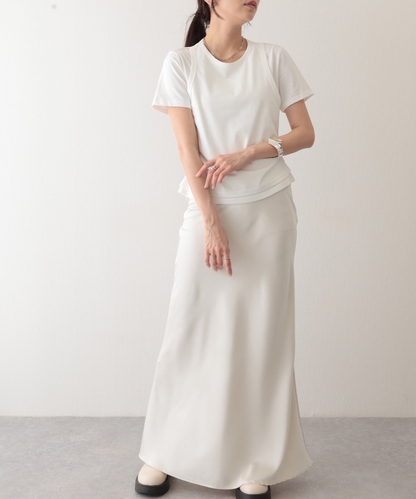 ソリッドカラー フェイクレイヤード クルーネック 半袖 Tシャツ